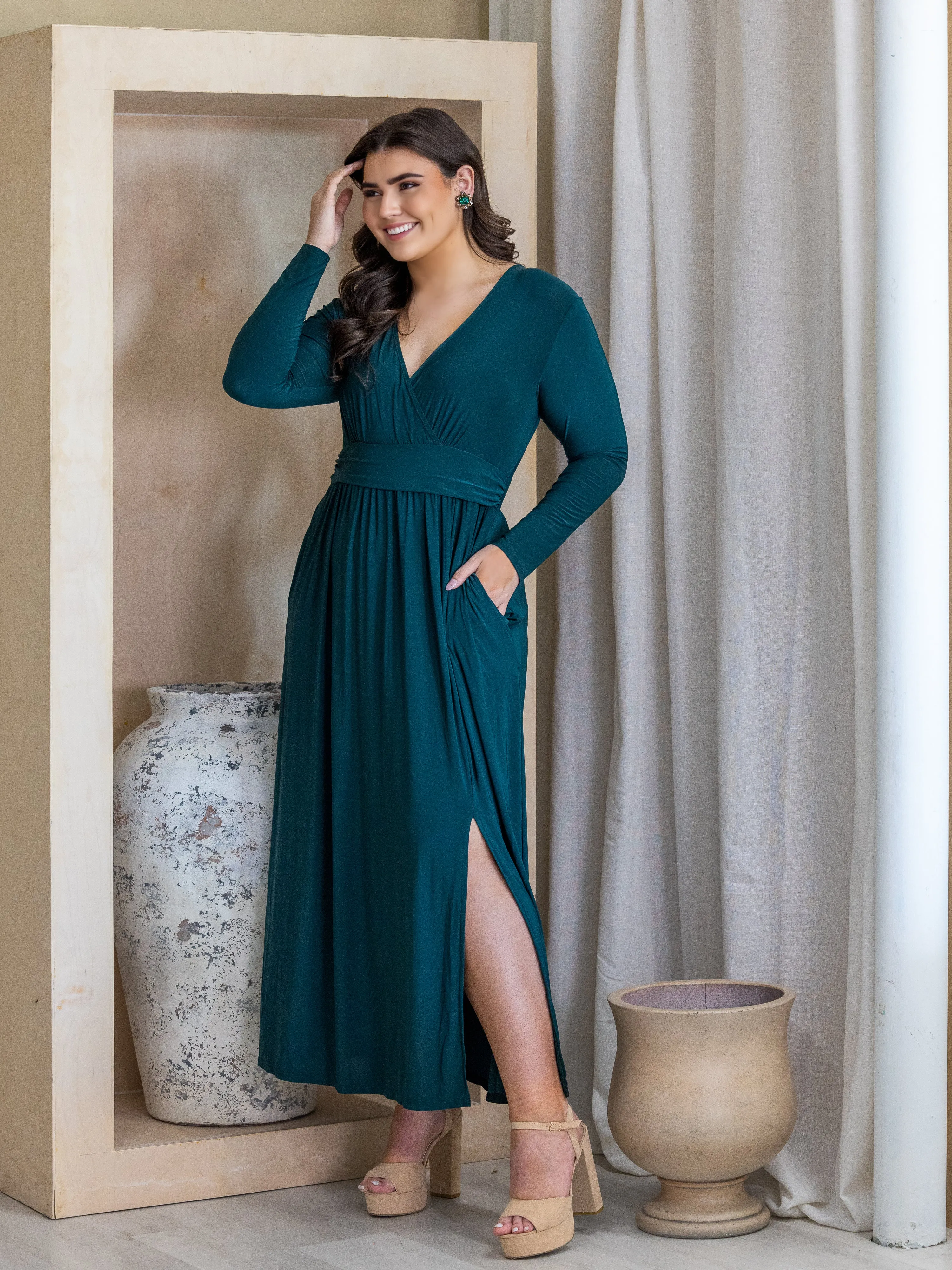 Long Sleeve V Neck Side Slit Plus Size Maxi Dress sold by 24/7 Comfort Apparel product image thumbnail 2