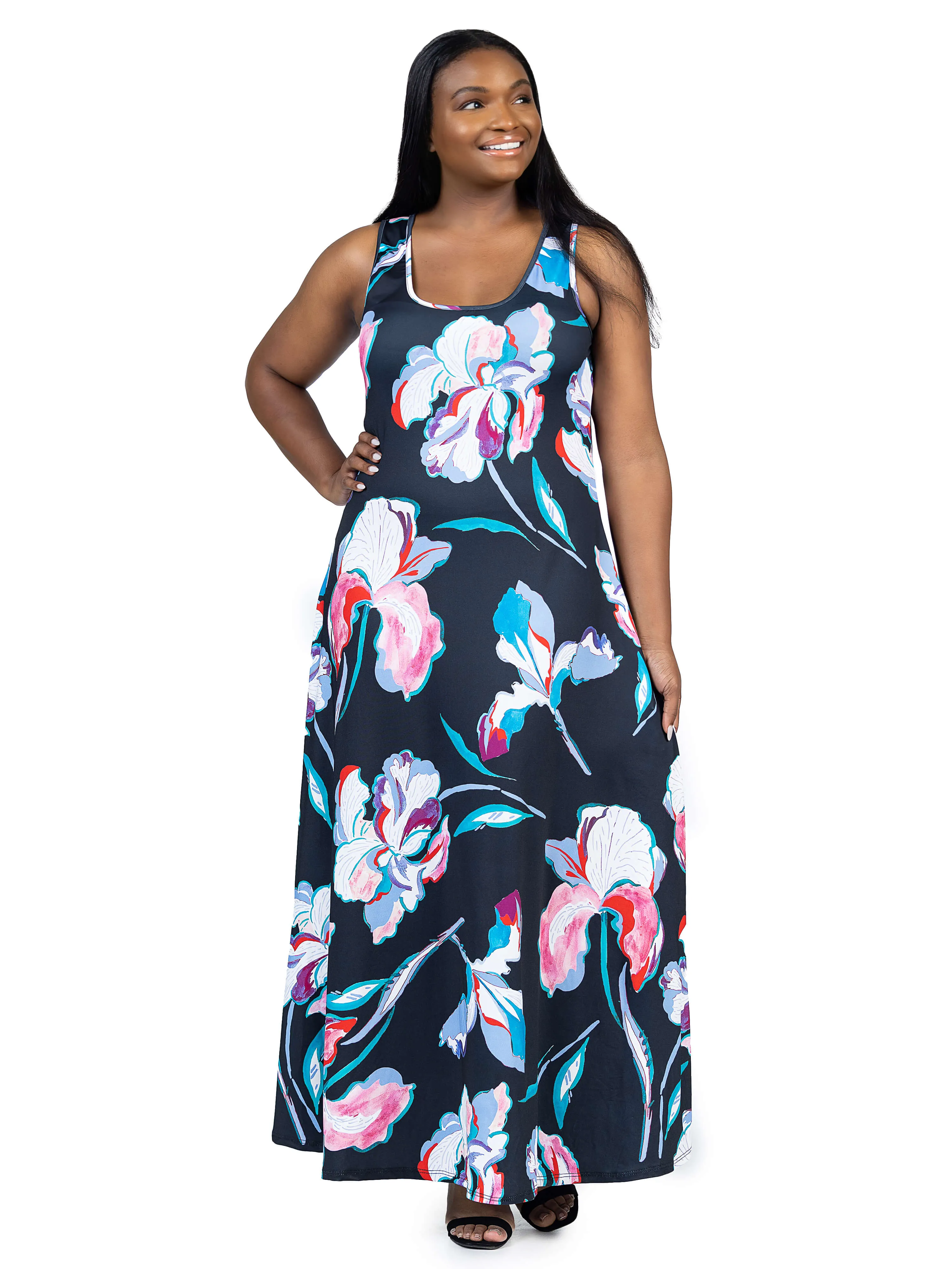 Plus Size Black Floral Print Scoop Neck A Line Sleeveless Maxi Dress sold by 24/7 Comfort Apparel