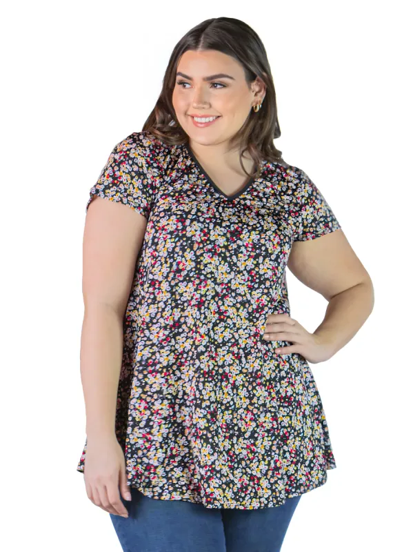 Plus Size Black Floral Print Short Sleeve V Neck Casual T Shirt Tunic Top sold by 24/7 Comfort Apparel