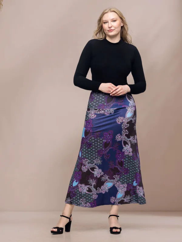 Purple Paisley Print Elastic Waist A Line Maxi Skirt sold by 24/7 Comfort Apparel