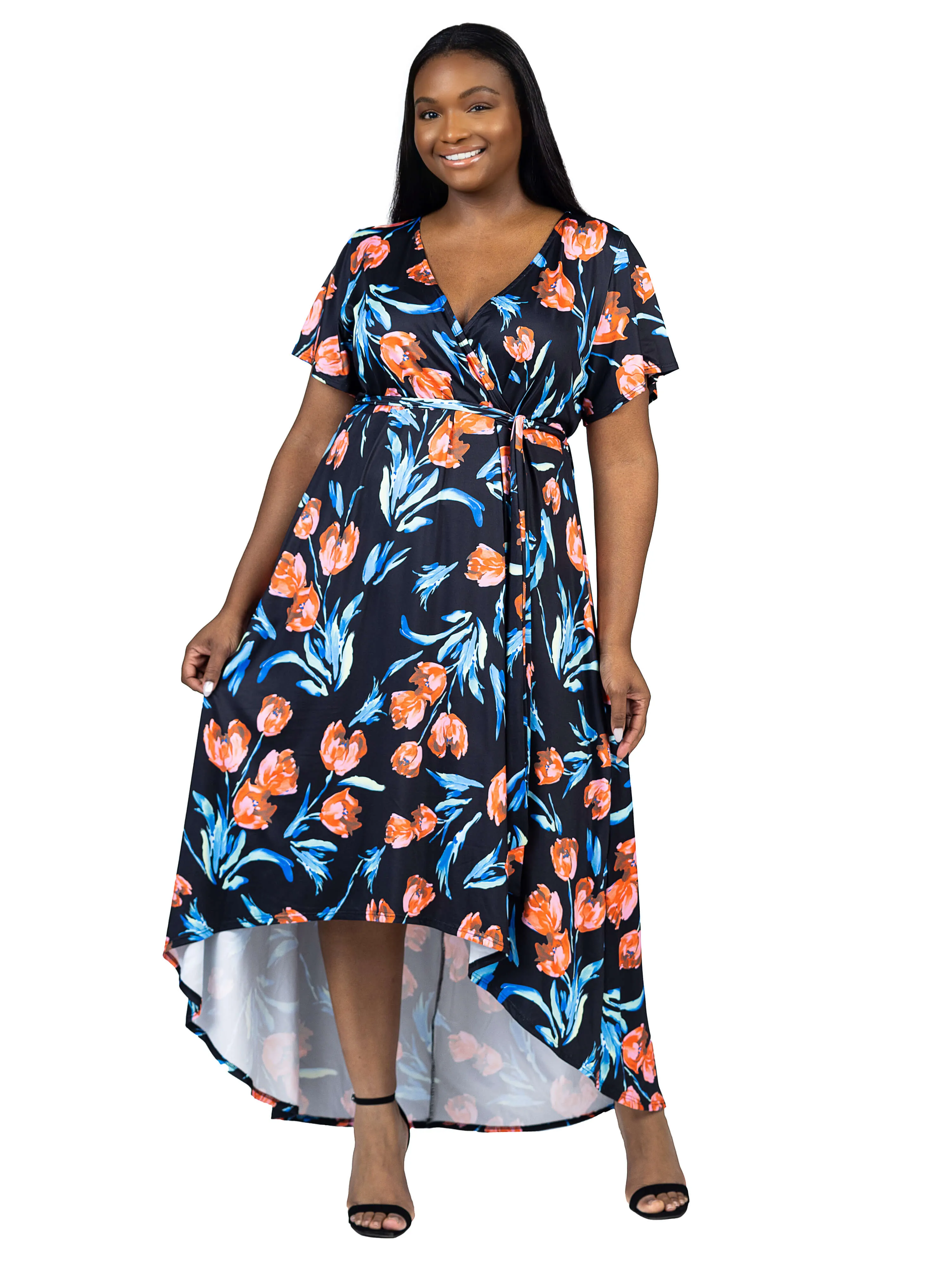 Plus Size Black Floral V Neck Belted High Low Faux Wrap Dress sold by 24/7 Comfort Apparel