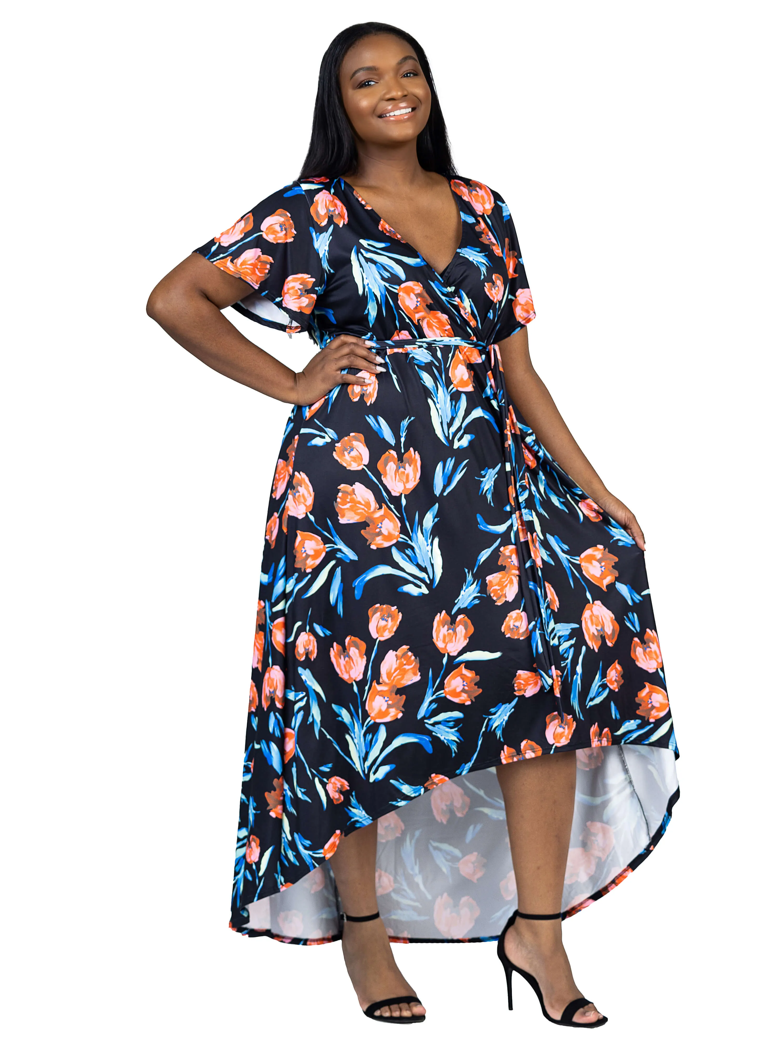 Plus Size Black Floral V Neck Belted High Low Faux Wrap Dress sold by 24/7 Comfort Apparel product image thumbnail 2