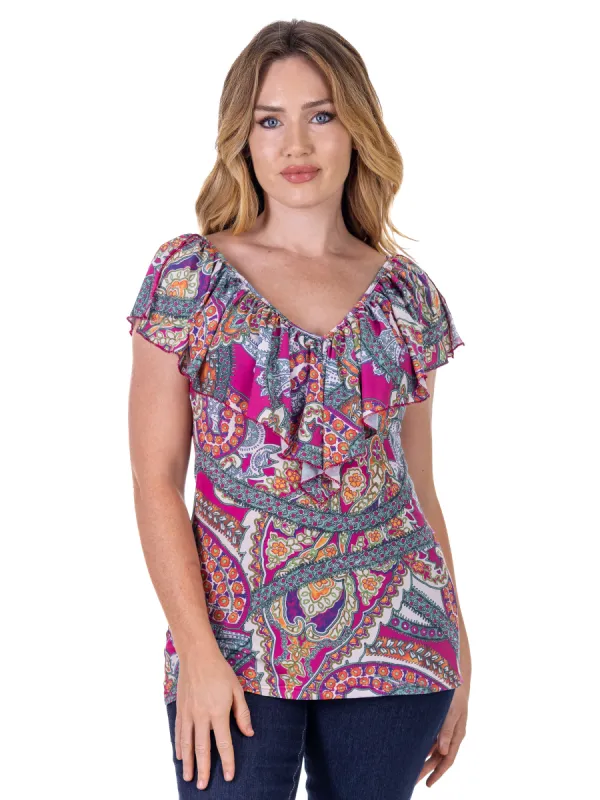 Cap Sleeve Pink Paisley Print Ruffle V Neck Womens Top sold by 24/7 Comfort Apparel
