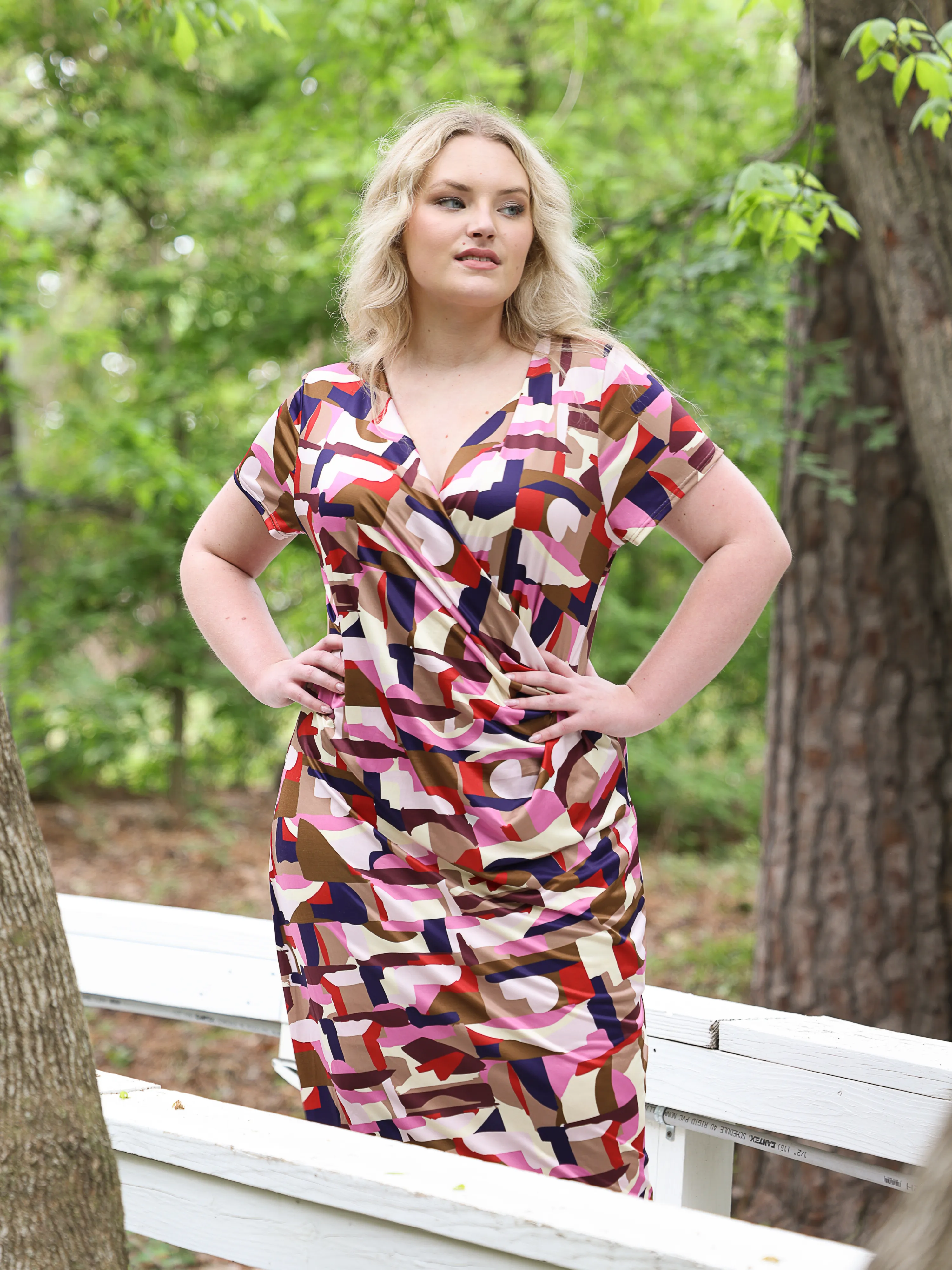 Plus Size Multicolor Abstract Print Short Sleeve Knee Length Faux Wrap Dress sold by 24/7 Comfort Apparel