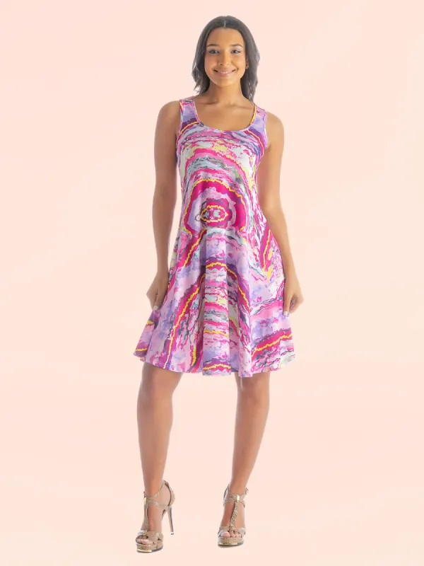 Pink Abstract Print Womens Sleeveless Knee Length Tank Swing Dress sold by 24/7 Comfort Apparel