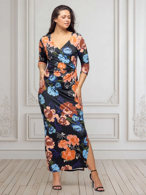 Black Floral Three Quarter Sleeve Side Slit Maxi Dress sold by 24/7 Comfort Apparel