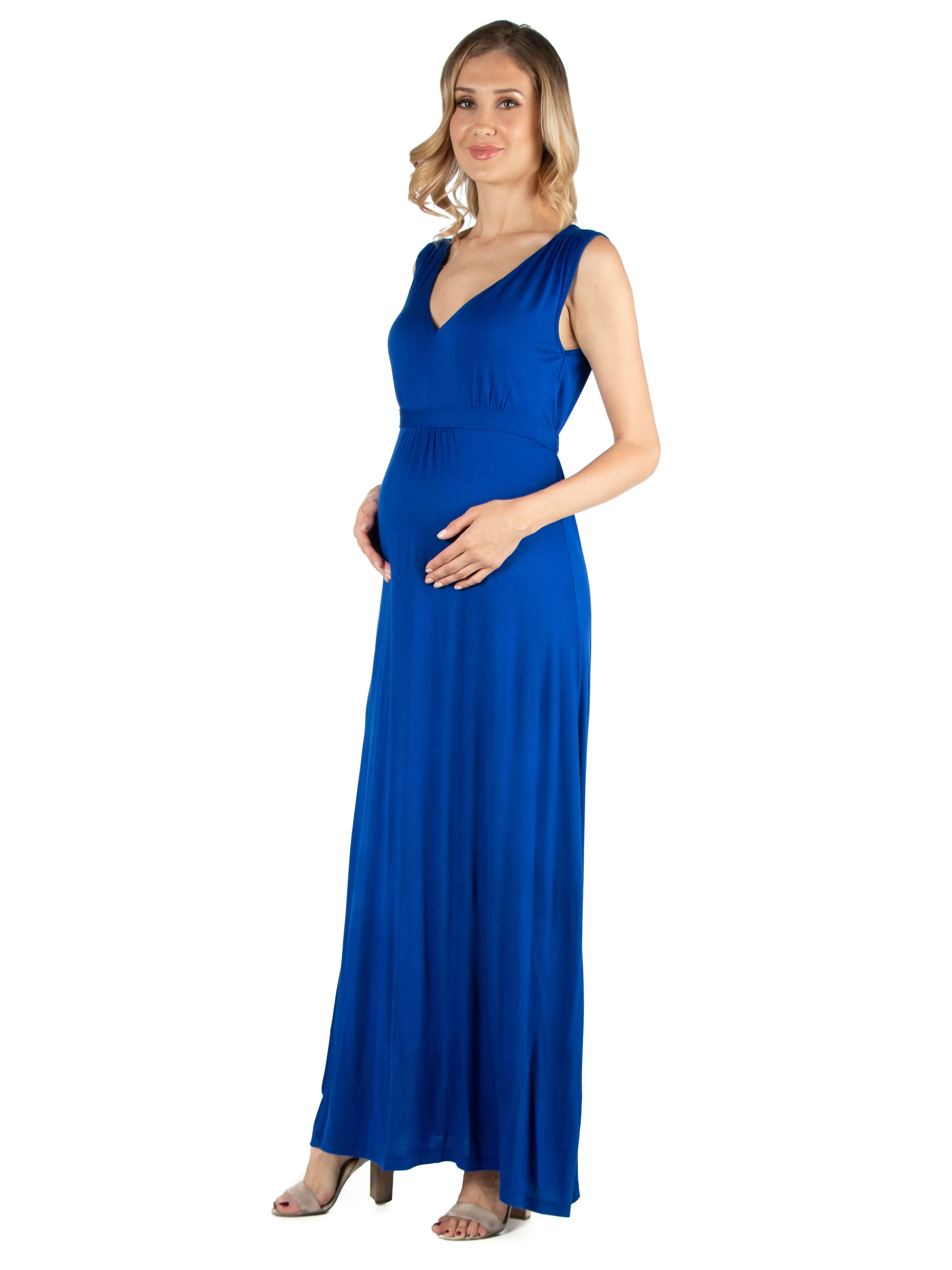 V Neck Sleeveless Maternity Maxi Dress with Belt sold by 24/7 Comfort Apparel