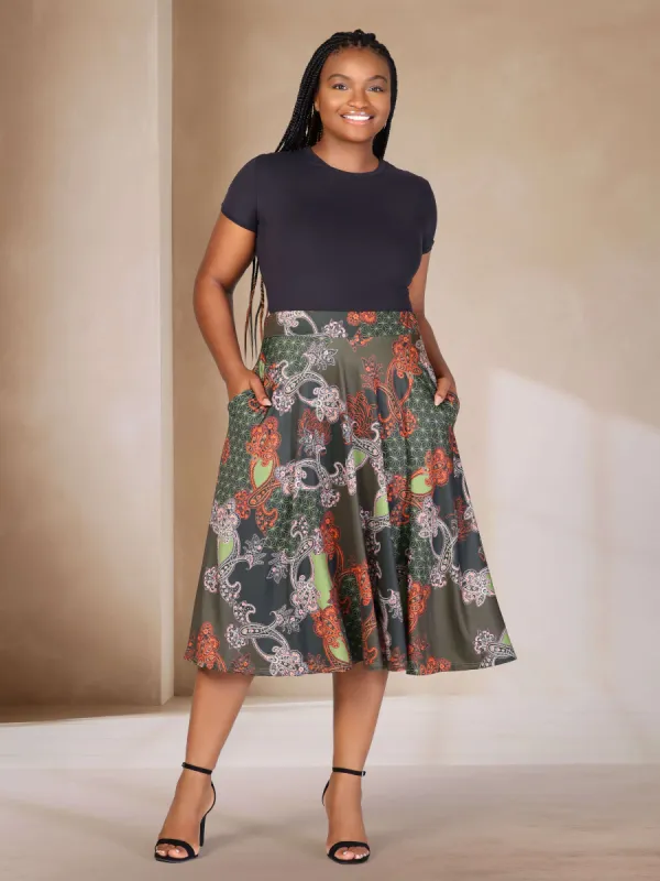 Plus Size Green Print Elastic Waist Pocket Midi Skirt sold by 24/7 Comfort Apparel
