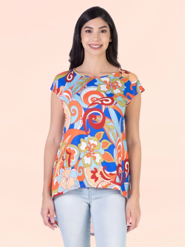 Multicolor Floral Short Sleeve High Low Tunic Top sold by 24/7 Comfort Apparel