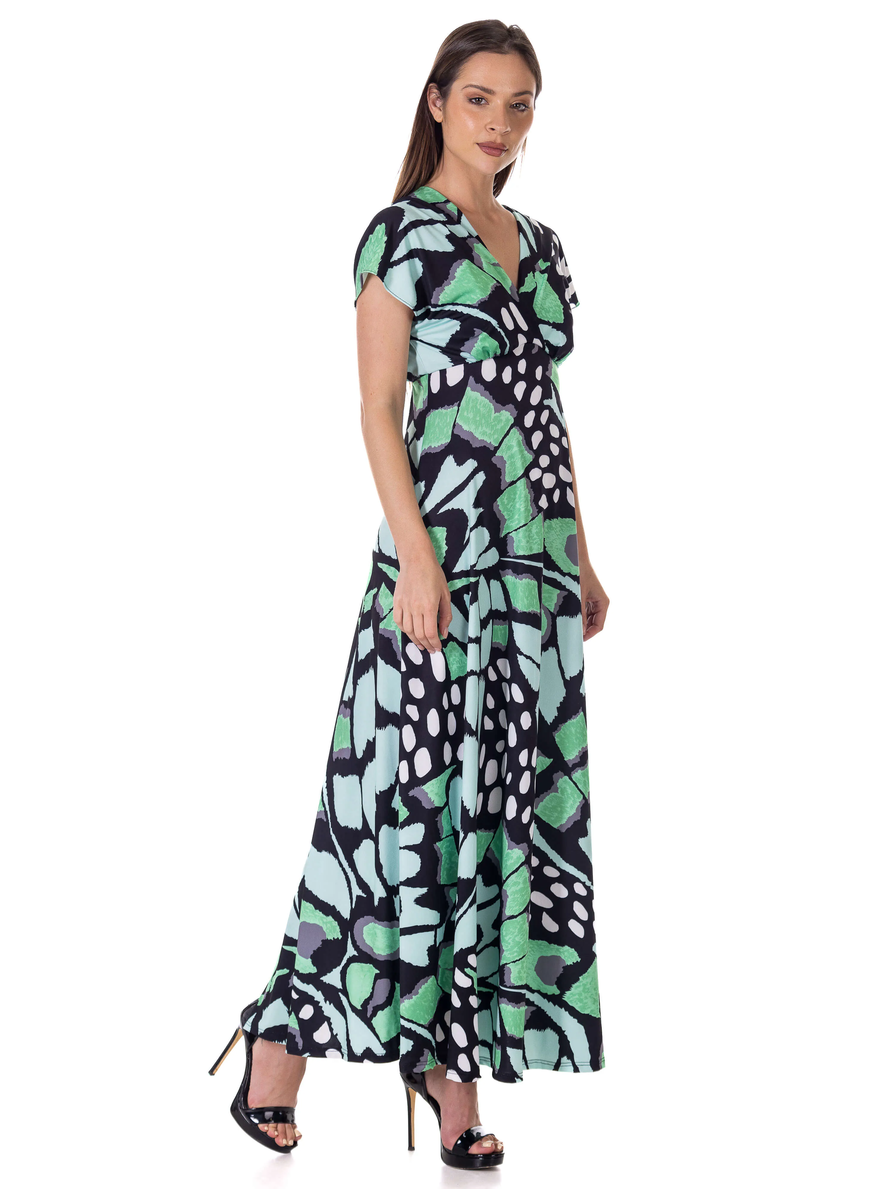 Butterfly Print V Neck Empire Waist Kimono Cap Sleeve Maxi Dress sold by 24/7 Comfort Apparel product image thumbnail 3