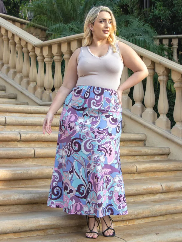 Lilac Floral Elastic Waistband Plus Size Maxi Skirt sold by 24/7 Comfort Apparel