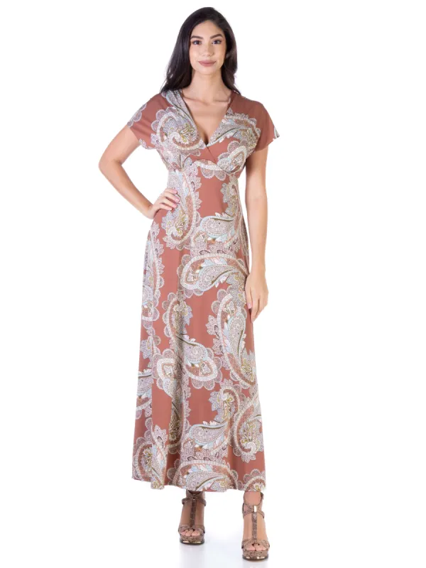 Paisley V Neck Cap Sleeve Flowy Empire Waist Maxi Dress sold by 24/7 Comfort Apparel