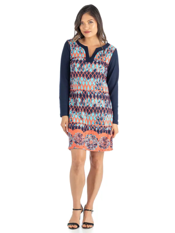 24seven Comfort Apparel Coral Print Loose Fit Long Sleeve Shift Dress sold by 24/7 Comfort Apparel