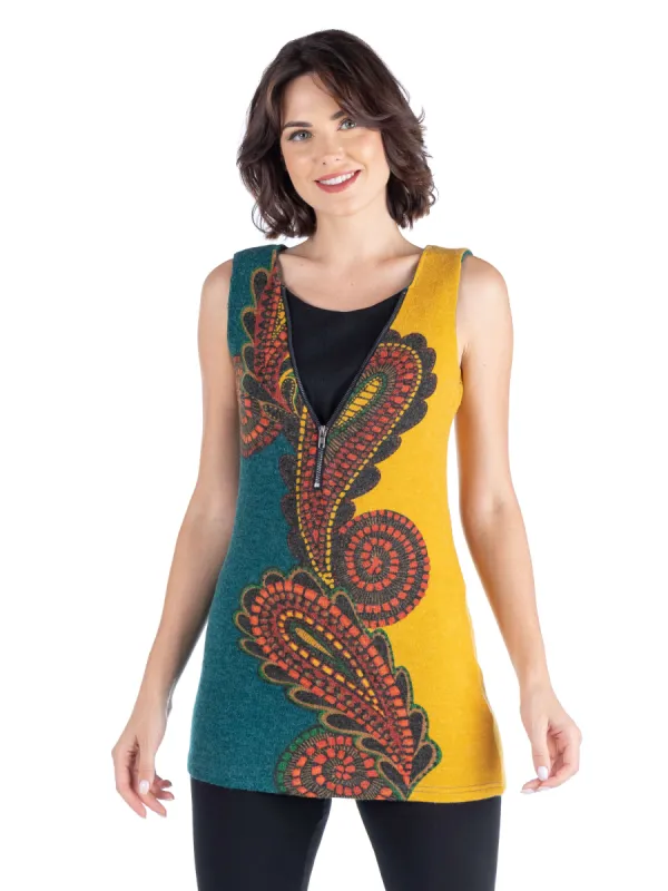 24seven Comfort Apparel Mustard Paisley Print Sleeveless Extra Long Fall Tunic Top sold by 24/7 Comfort Apparel
