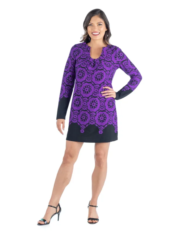 24seven Comfort Apparel Geo Purple Long Sleeve Floral Shift Dress sold by 24/7 Comfort Apparel