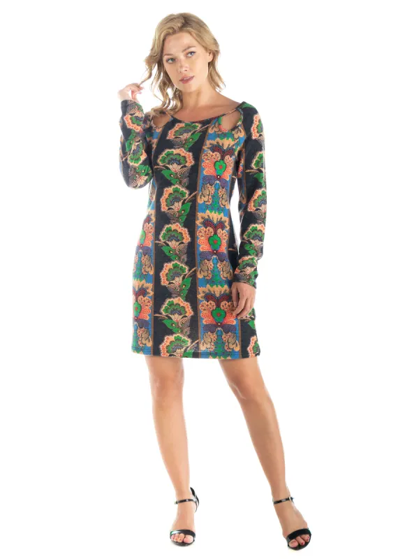 24seven Comfort Apparel Green Multicolor Long Sleeve Keyhole Fall Dress sold by 24/7 Comfort Apparel