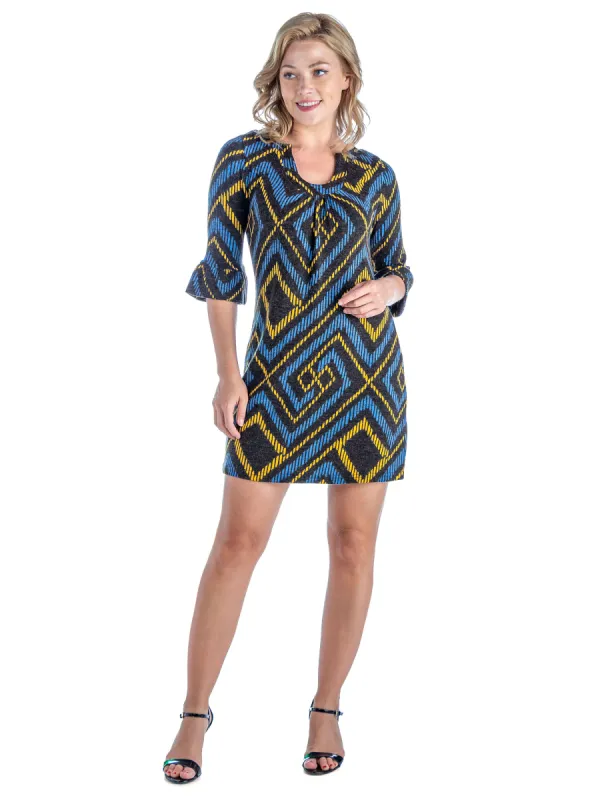 24seven Comfort Apparel Blue and Yellow Trumpet Sleeve Mini Dress sold by 24/7 Comfort Apparel