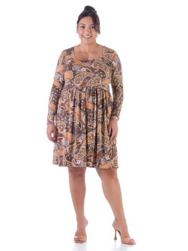 Paisley Plus Size Long Sleeve Pleated Knee Length Dress sold by 24/7 Comfort Apparel