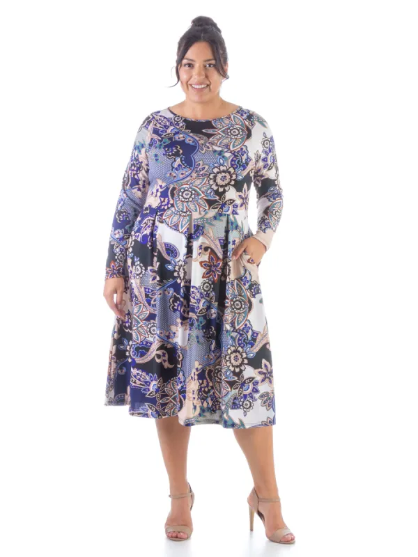 Blue Floral Long Sleeve Pleated Pocket Plus Size Midi Dress sold by 24/7 Comfort Apparel