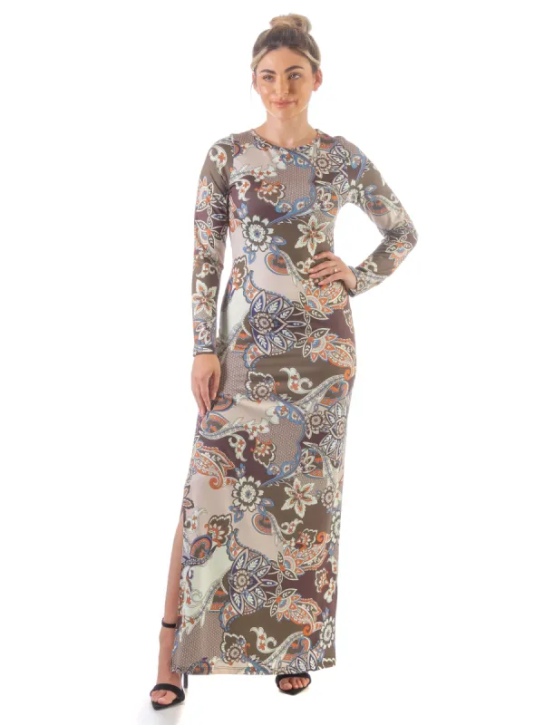 Tan Floral Long Sleeve Side Slit Maxi Dress sold by 24/7 Comfort Apparel