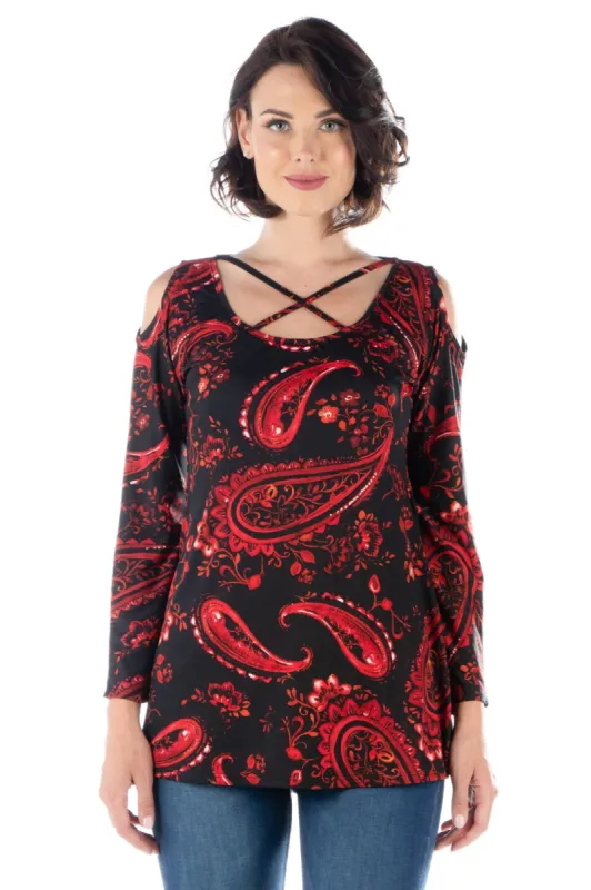 Red Paisley Long Sleeve Cold Shoulder Top sold by 24/7 Comfort Apparel