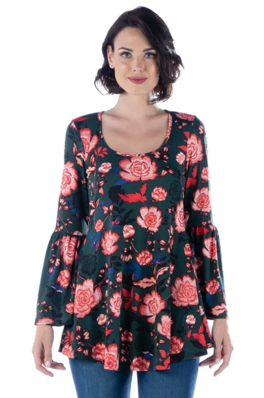 Green Floral Print Bell Sleeve Tunic Top sold by 24/7 Comfort Apparel