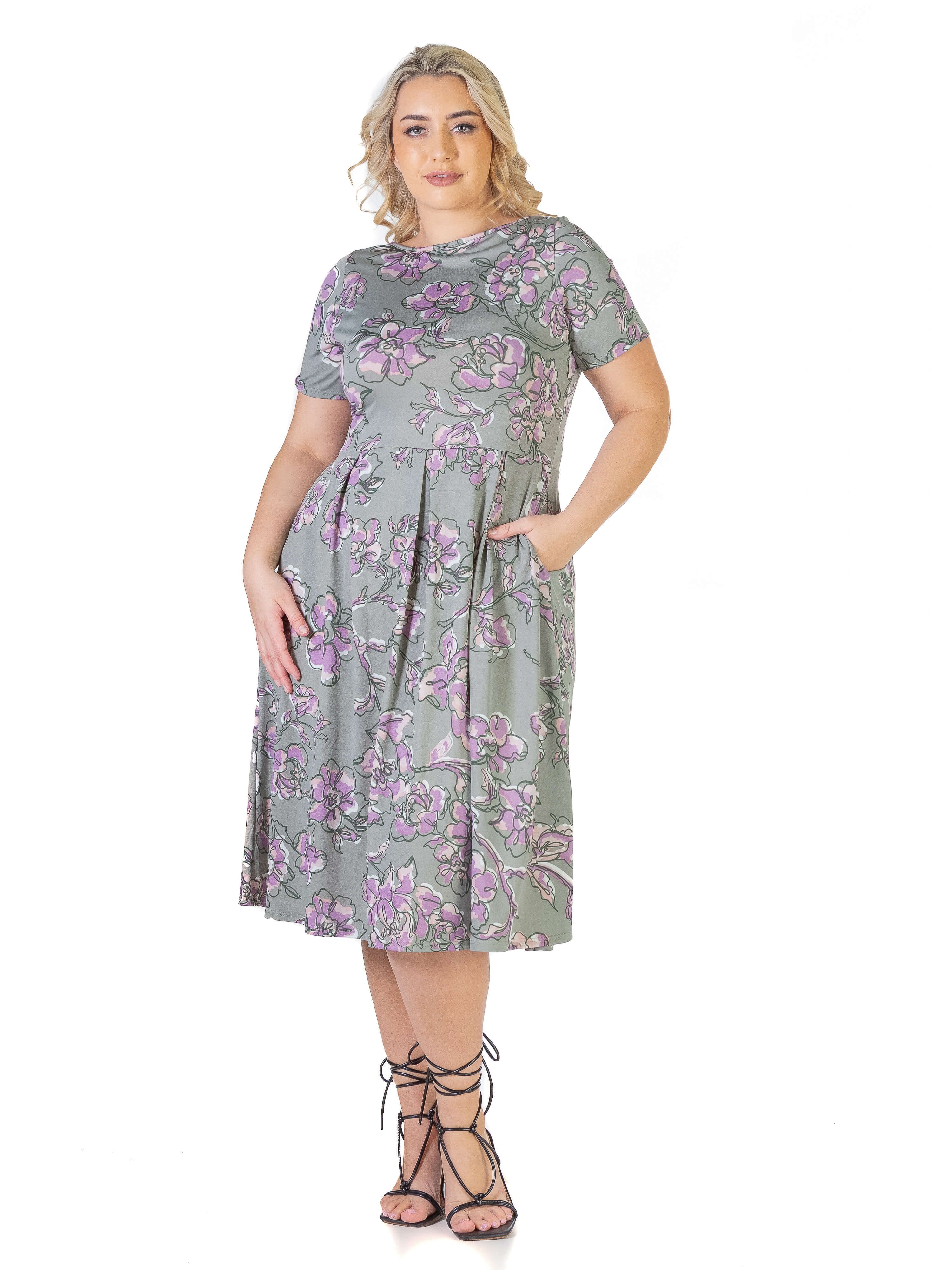 Floral Plus Size Pleated Fit and Flare Midi Pocket Dress sold by 24/7 Comfort Apparel