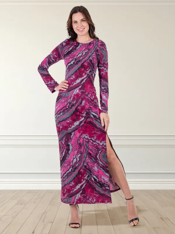 Magenta Print Long Sleeve Side Slit Maxi Dress sold by 24/7 Comfort Apparel