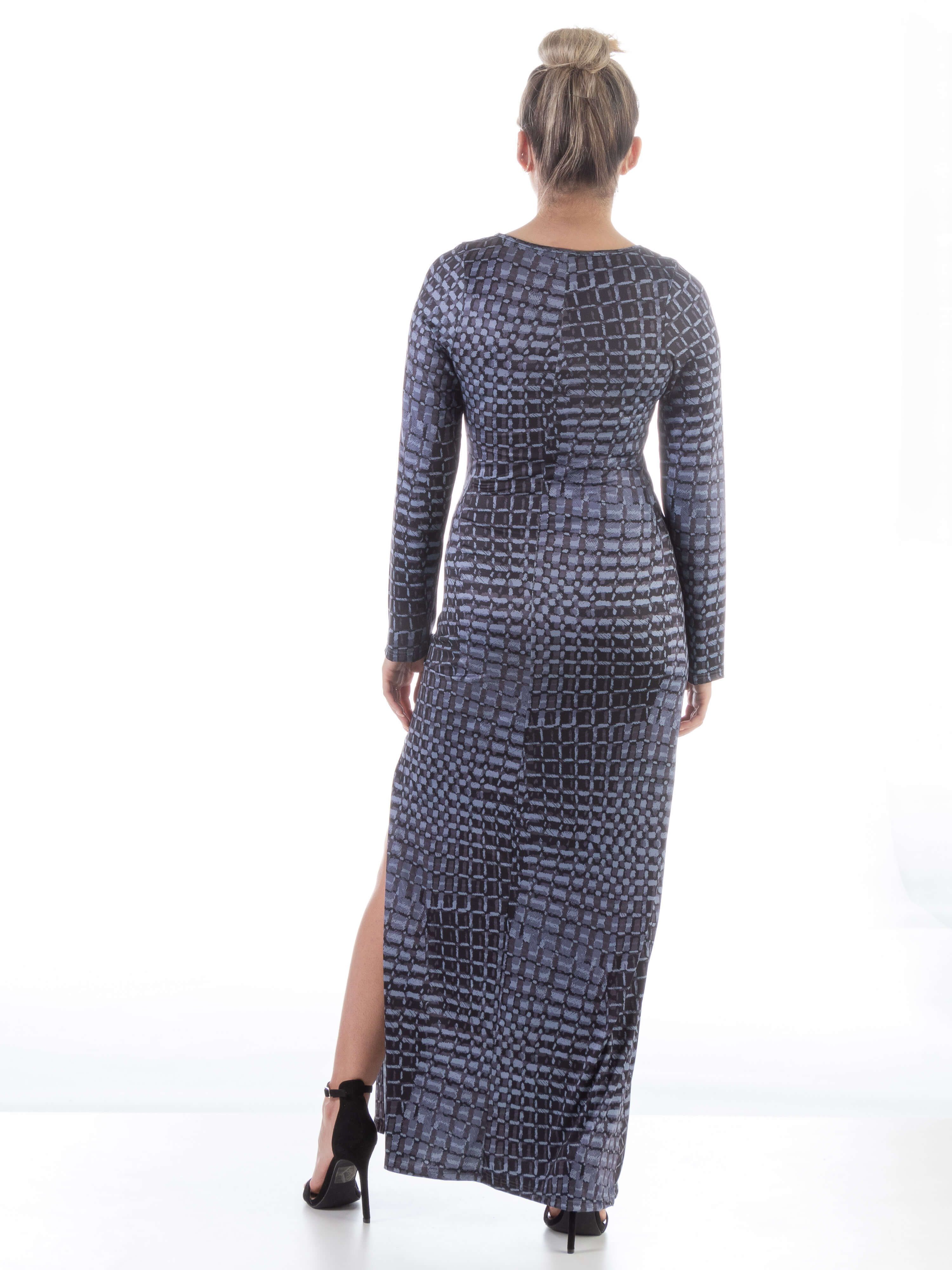 Blue Multiprint Long Sleeve Side Slit Maxi Dress sold by 24/7 Comfort Apparel product image thumbnail 3