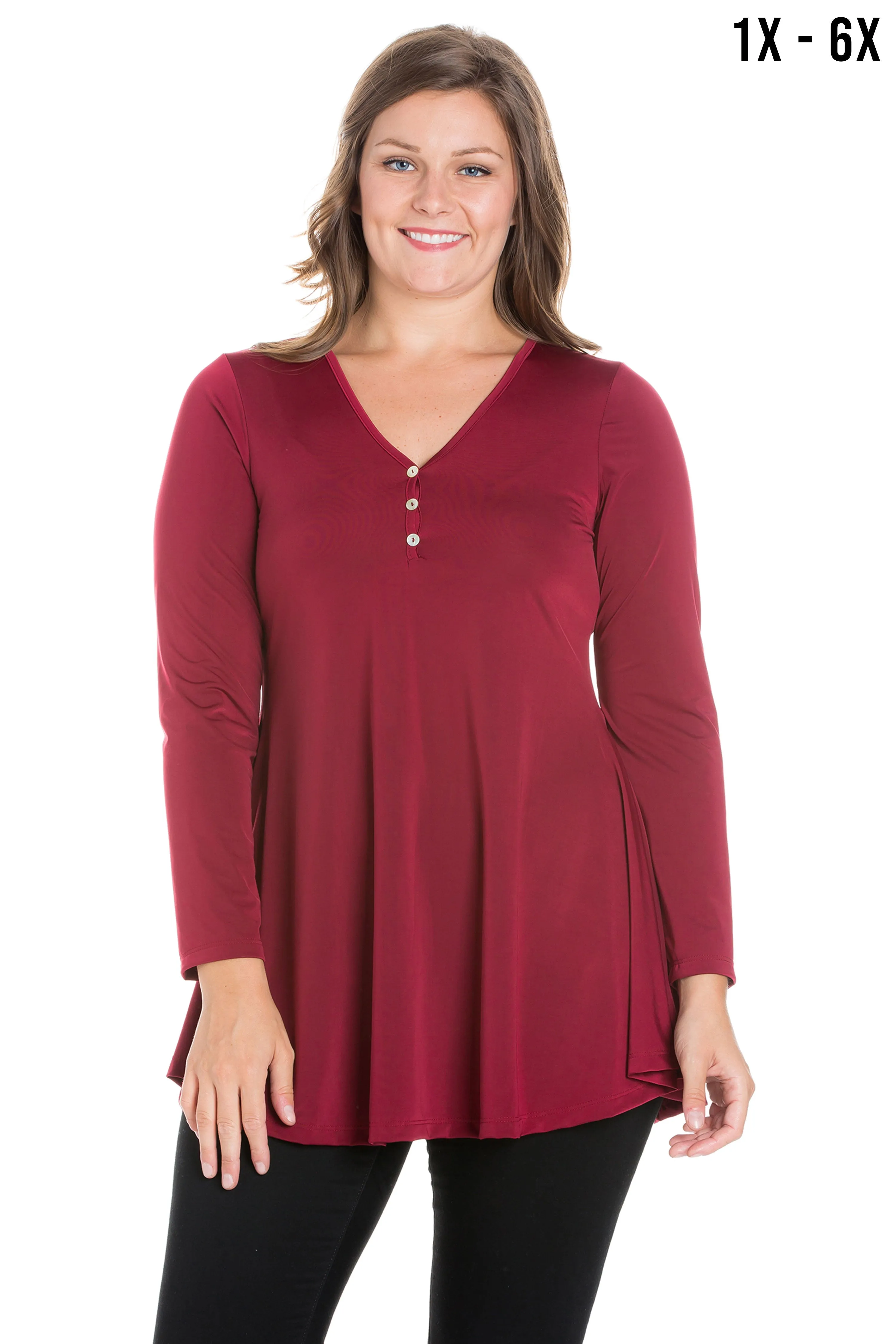 Flared Long Sleeve Plus Size Henley Tunic Top sold by 24/7 Comfort Apparel