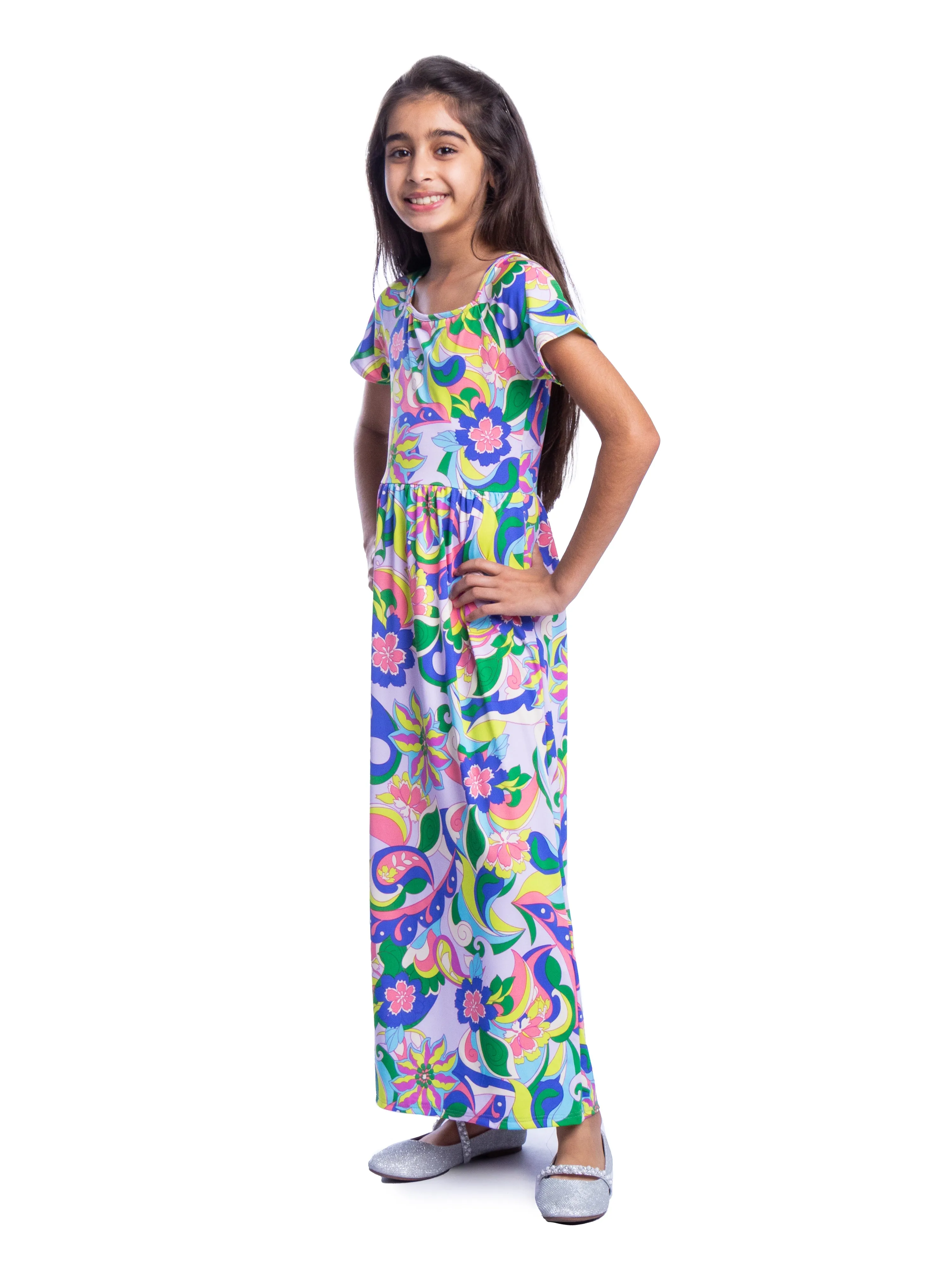 Girls Floral Print Short Sleeve Pleated Maxi Dress sold by 24/7 Comfort Apparel product image thumbnail 4