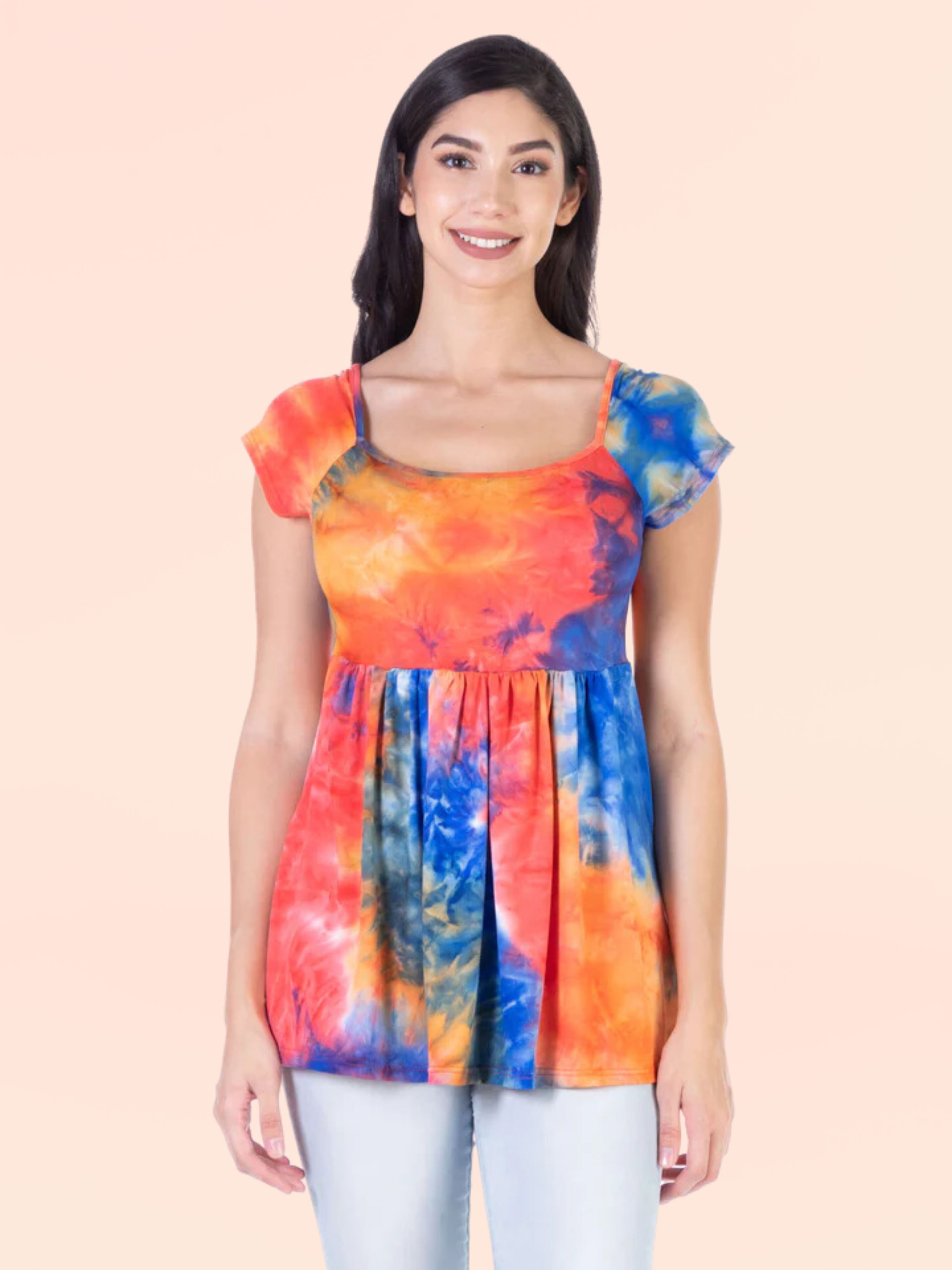 Tie Dye Square Neck Cap Sleeve Casual Pleated Tunic Top sold by 24/7 Comfort Apparel