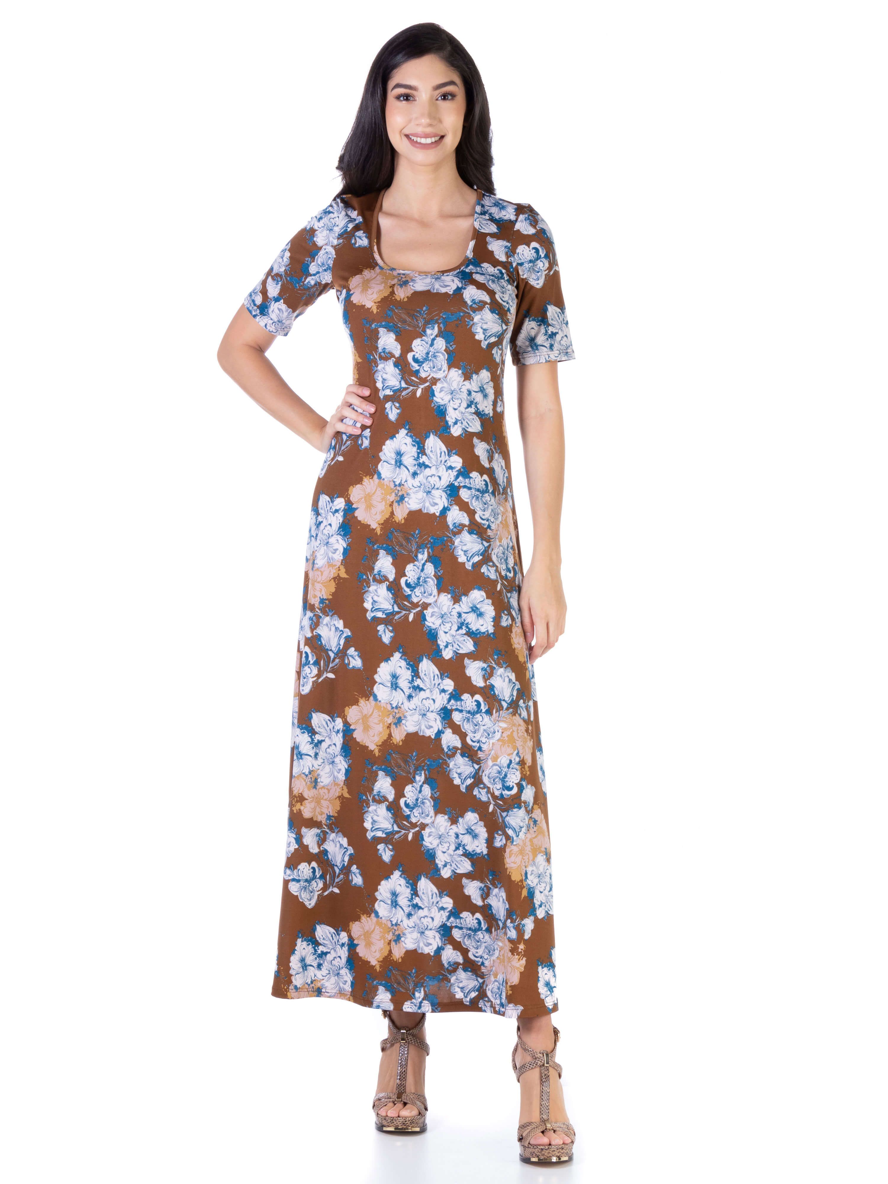 Womens Floral Elbow Sleeve Loose Long Casual Maxi Dress sold by 24/7 Comfort Apparel