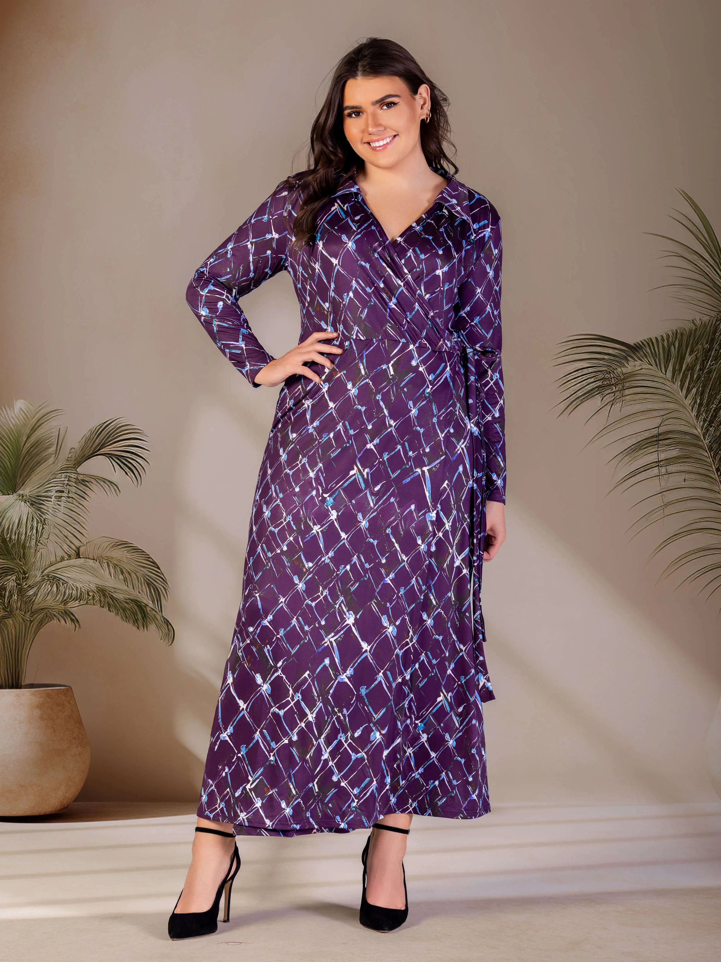 Plus Size Purple Print Collared Wrap Maxi Dress sold by 24/7 Comfort Apparel