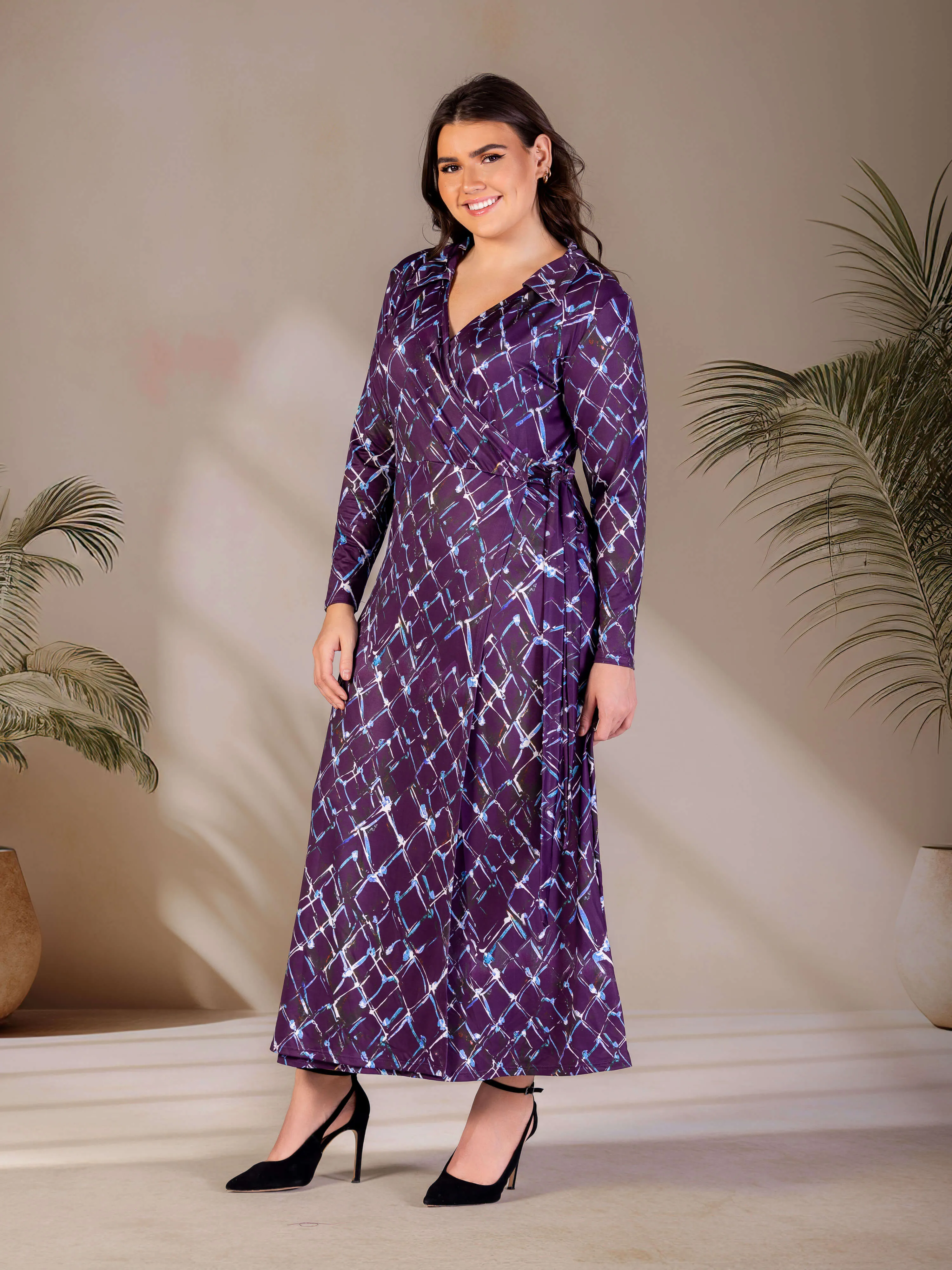 Plus Size Purple Print Collared Wrap Maxi Dress sold by 24/7 Comfort Apparel product image thumbnail 2
