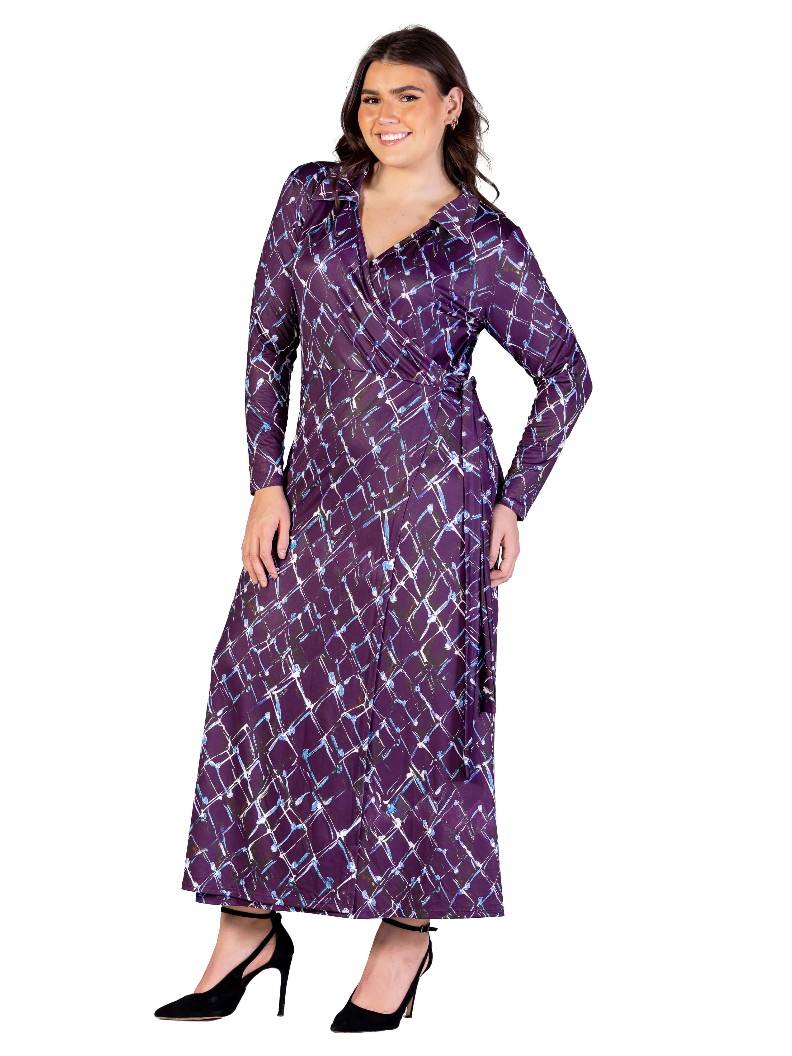 Plus Size Purple Print Collared Wrap Maxi Dress sold by 24/7 Comfort Apparel product image thumbnail 5
