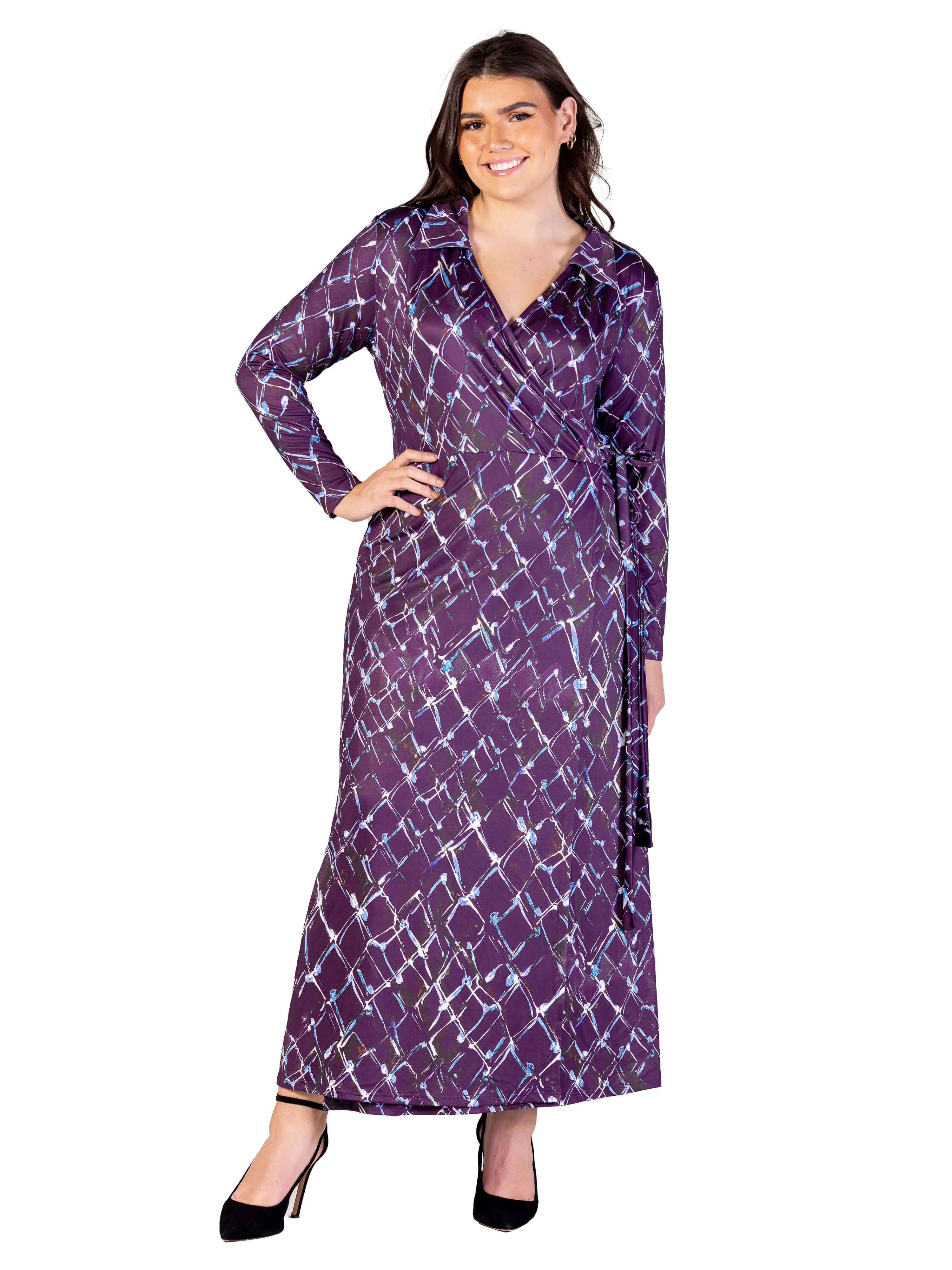 Plus Size Purple Print Collared Wrap Maxi Dress sold by 24/7 Comfort Apparel product image thumbnail 4
