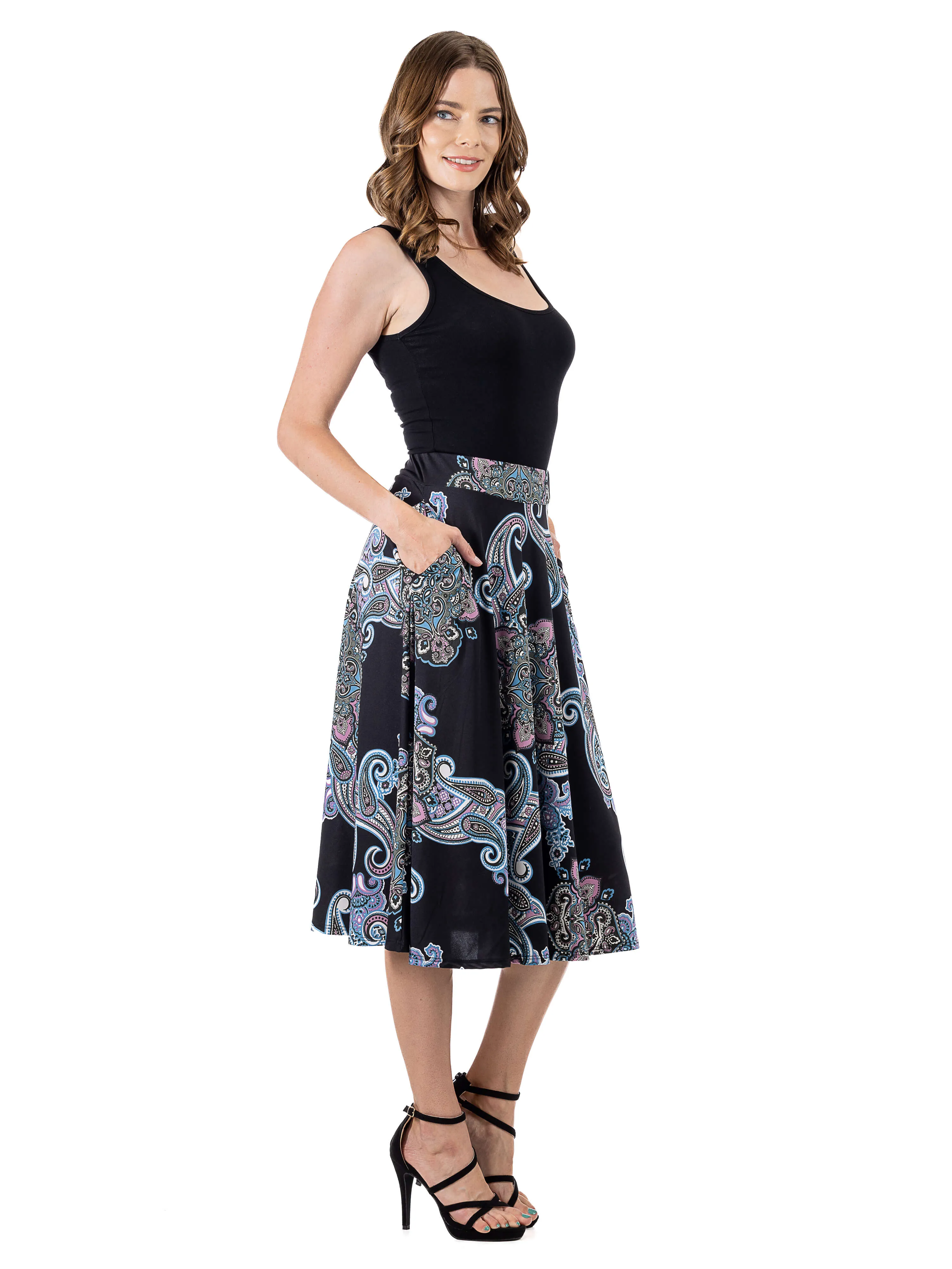 Black Paisley A Line Midi Skirt with Pockets sold by 24/7 Comfort Apparel product image thumbnail 4