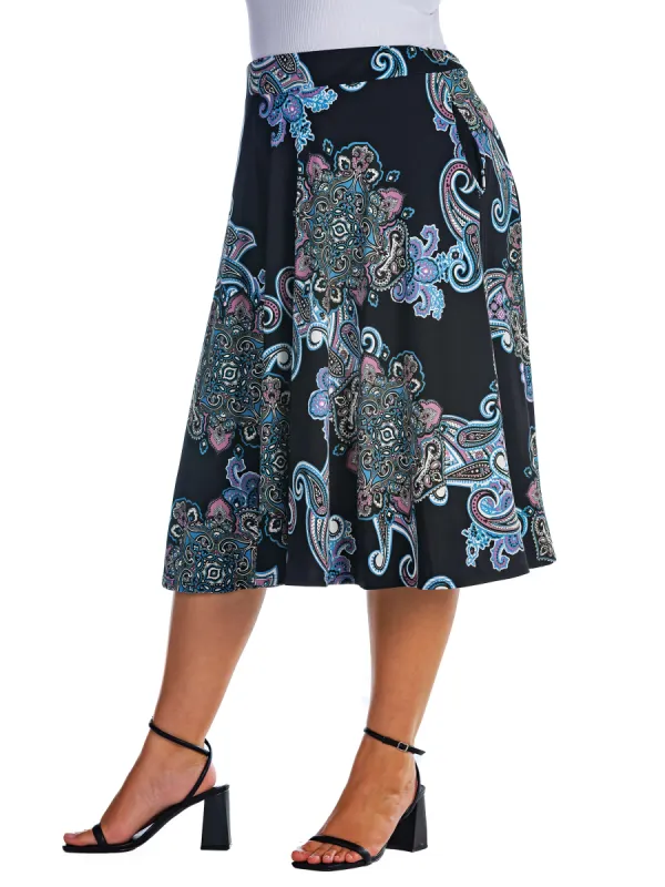 Black Paisley A Line Plus Size Midi Skirt with Pockets sold by 24/7 Comfort Apparel