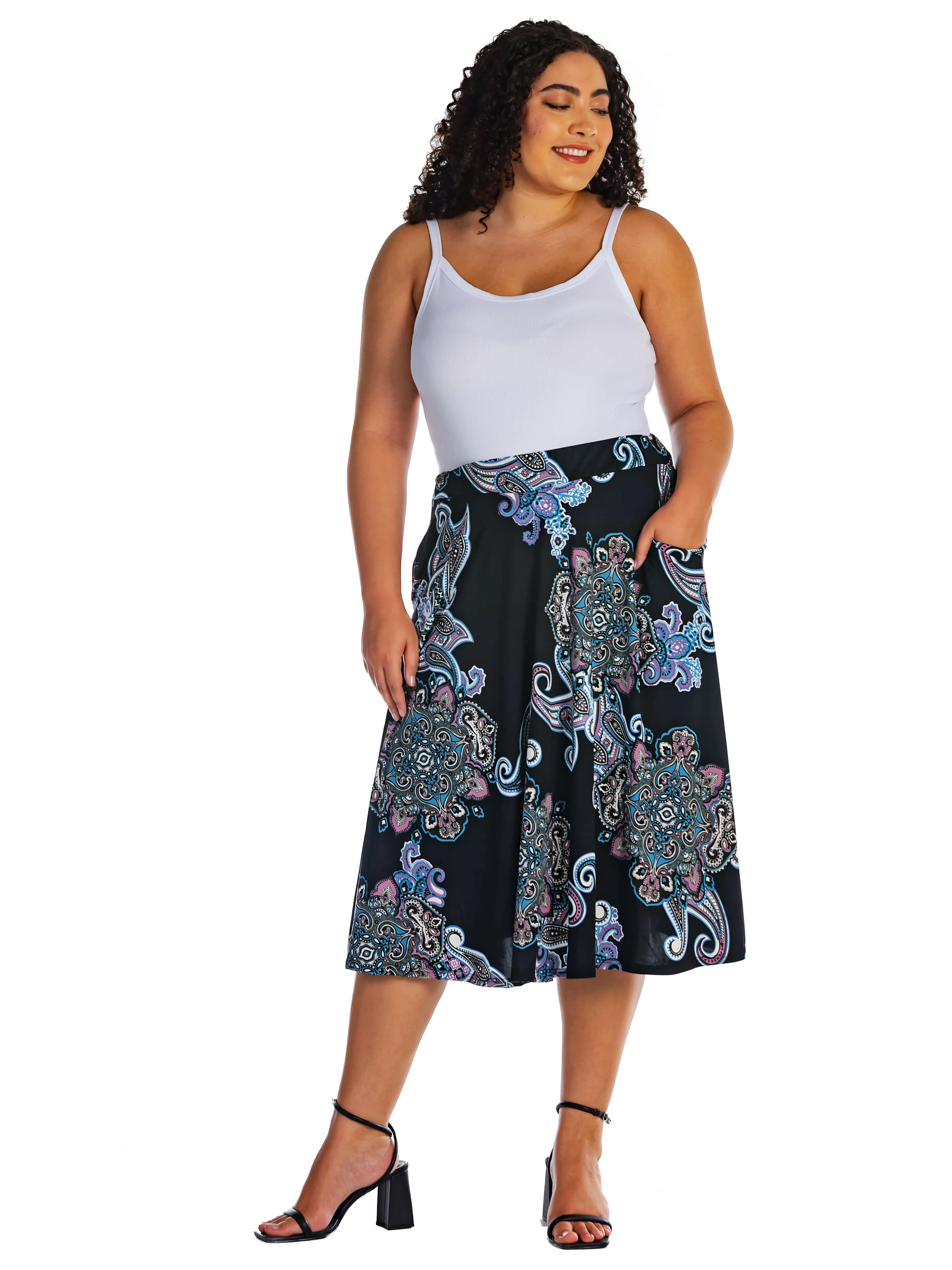 Black Paisley A Line Plus Size Midi Skirt with Pockets sold by 24/7 Comfort Apparel product image thumbnail 3