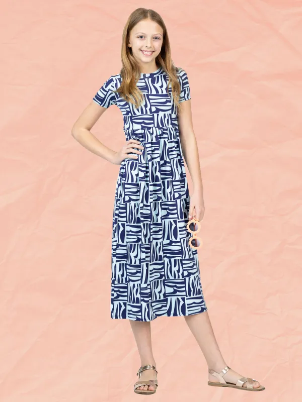 24sevenkid Girls Short Sleeve Blue Geo Print Maxi Dress sold by 24/7 Comfort Apparel