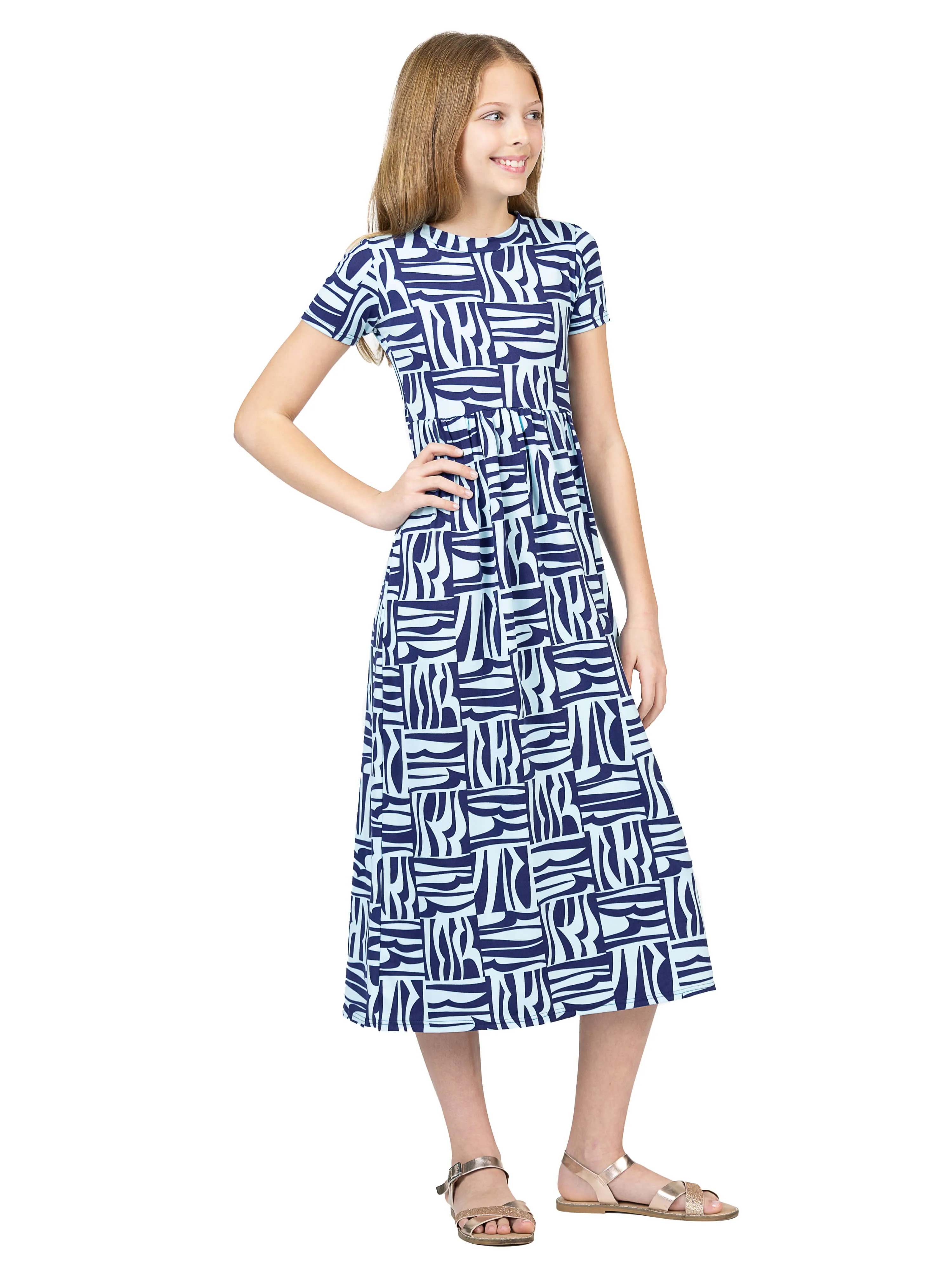 24sevenkid Girls Short Sleeve Blue Geo Print Maxi Dress sold by 24/7 Comfort Apparel product image thumbnail 4