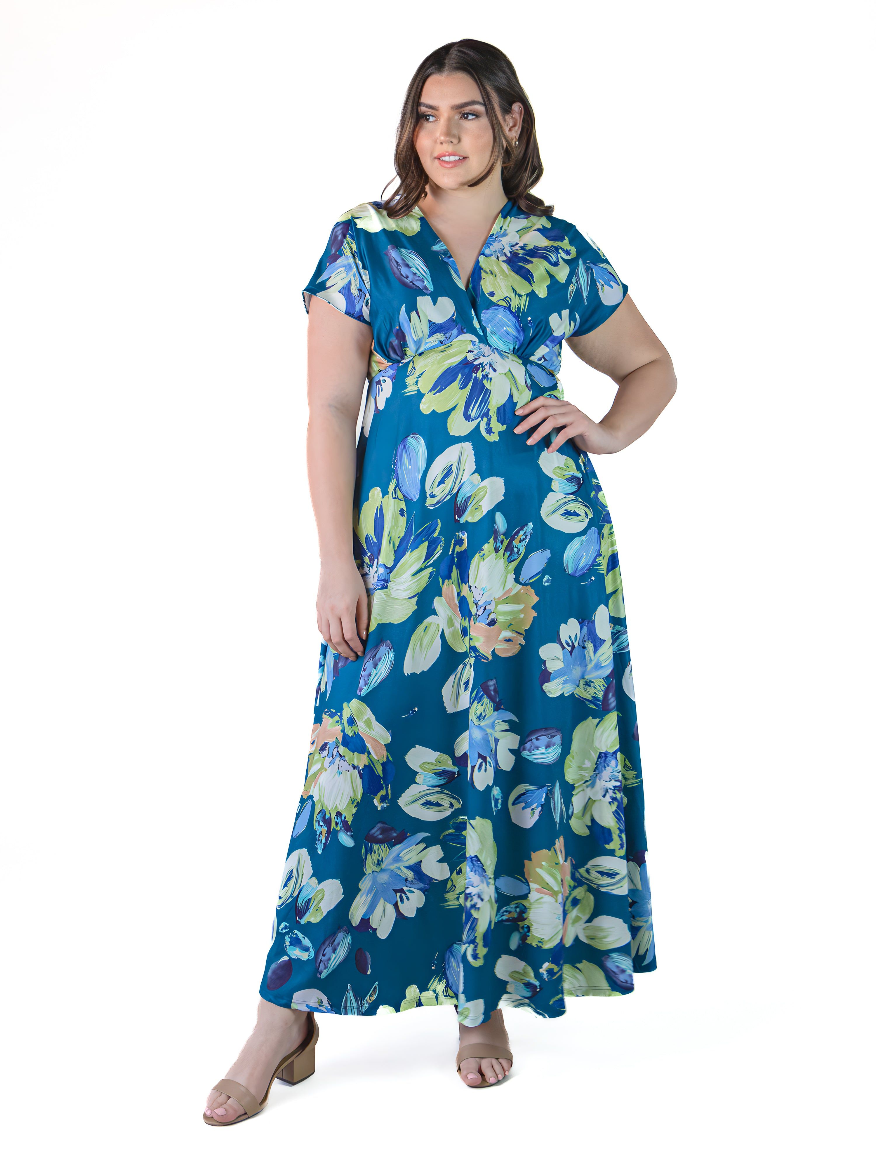 Plus Size Blue Floral Print V Neck Cap Sleeve Flowy Empire Waist Maxi Dress sold by 24/7 Comfort Apparel product image thumbnail 4