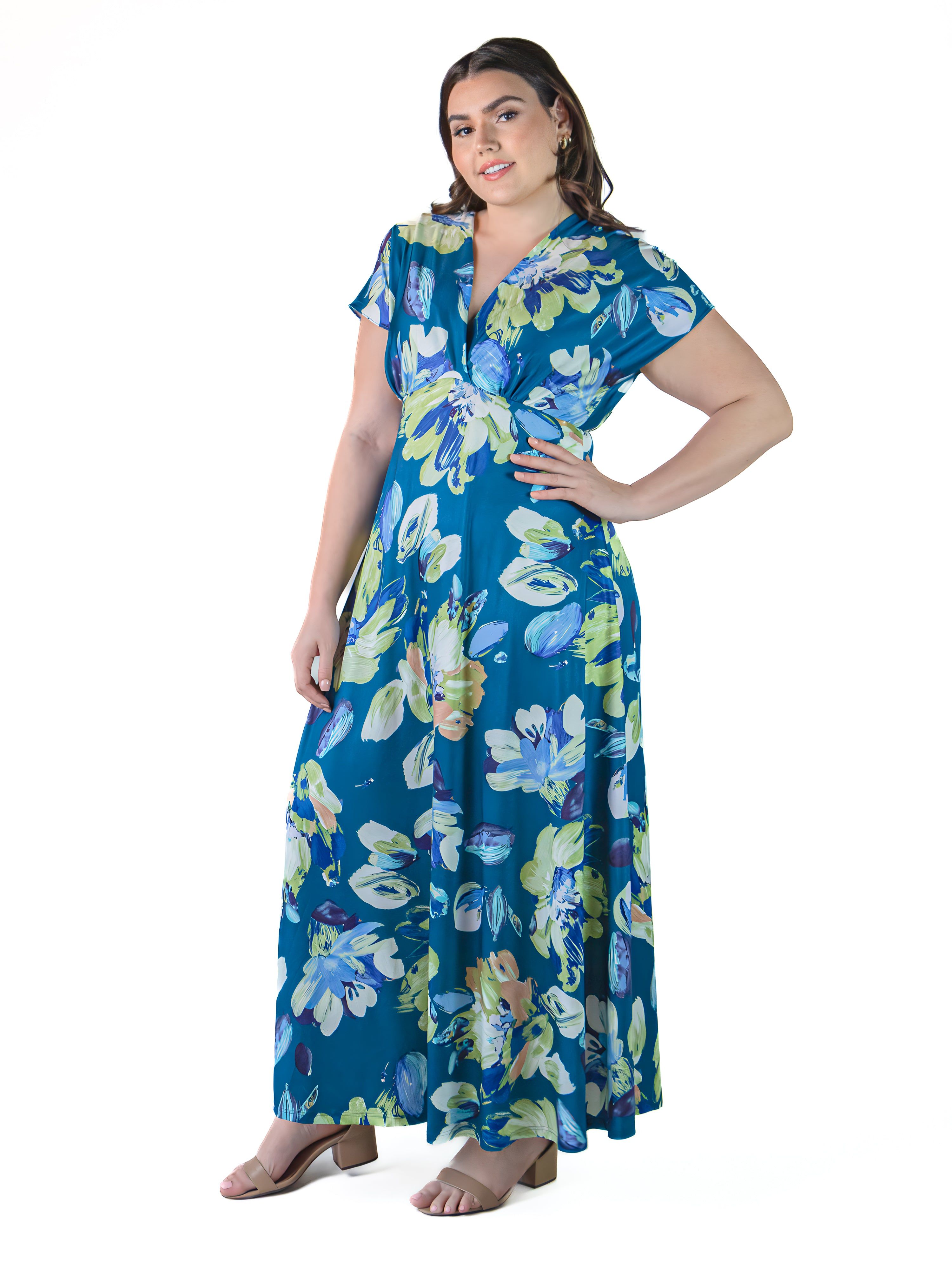 Plus Size Blue Floral Print V Neck Cap Sleeve Flowy Empire Waist Maxi Dress sold by 24/7 Comfort Apparel product image thumbnail 2