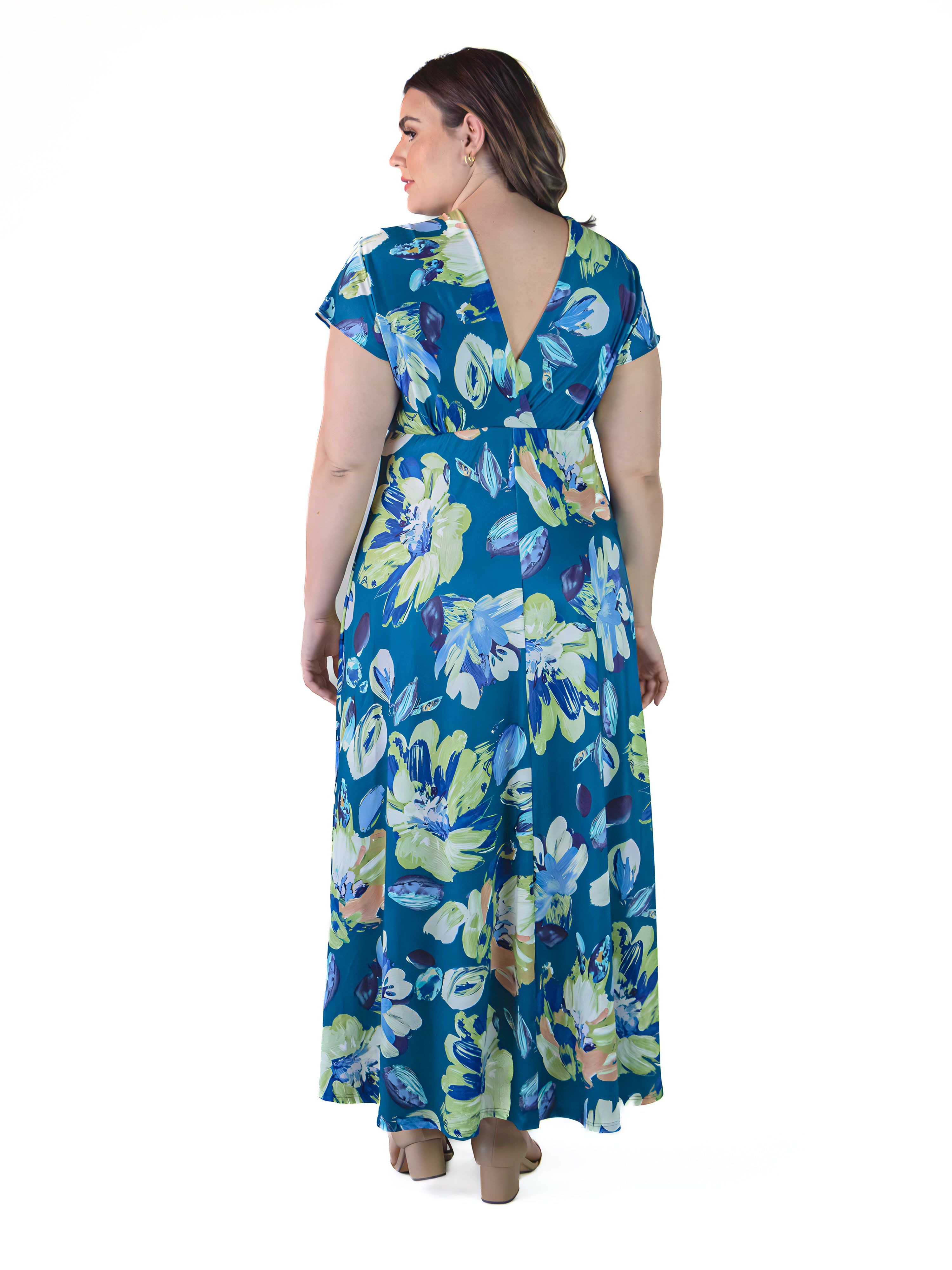 Plus Size Blue Floral Print V Neck Cap Sleeve Flowy Empire Waist Maxi Dress sold by 24/7 Comfort Apparel product image thumbnail 3