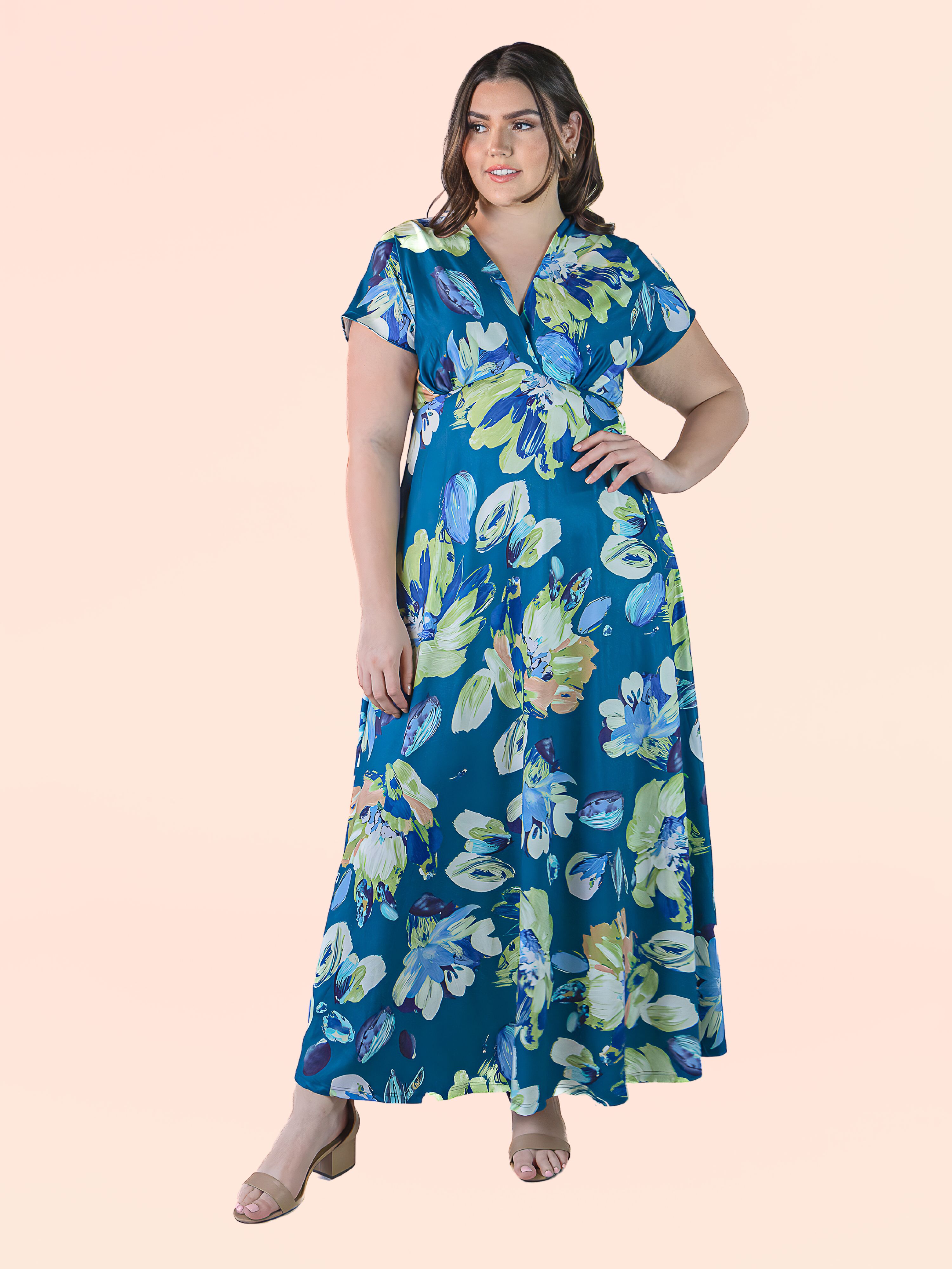Plus Size Blue Floral Print V Neck Cap Sleeve Flowy Empire Waist Maxi Dress sold by 24/7 Comfort Apparel