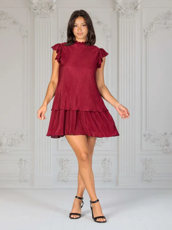 Ruffle Cap Sleeve High Neck Pleated Tiered Mini Dress sold by 24/7 Comfort Apparel