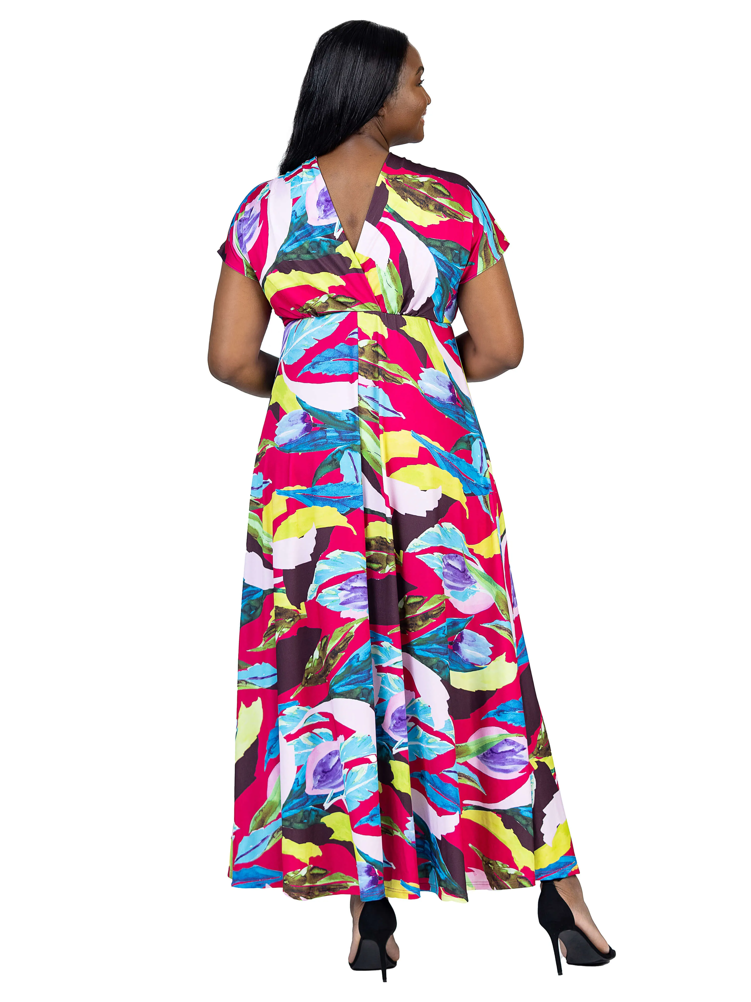 Plus Size Floral Print V Neck Empire Waist Kimono Cap Sleeve Maxi Dress sold by 24/7 Comfort Apparel product image thumbnail 3