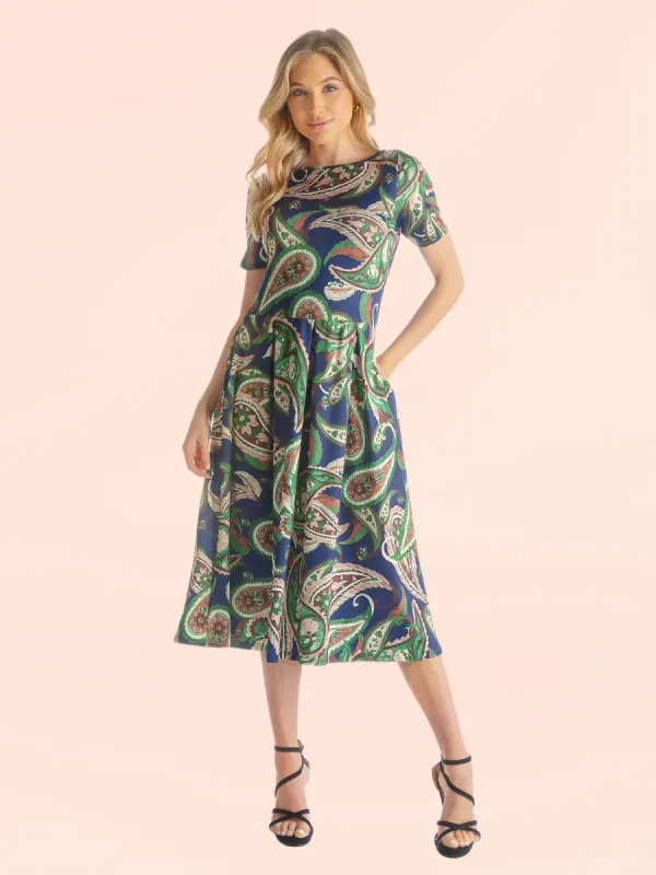 Green Paisley Short Sleeve Pleated Fit and Flare Midi Pocket Dress sold by 24/7 Comfort Apparel