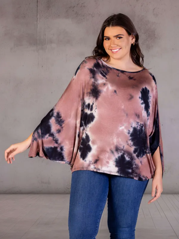 Plus Size Mocha Tie Dye Batwing Sleeve Relaxed Fit Top sold by 24/7 Comfort Apparel